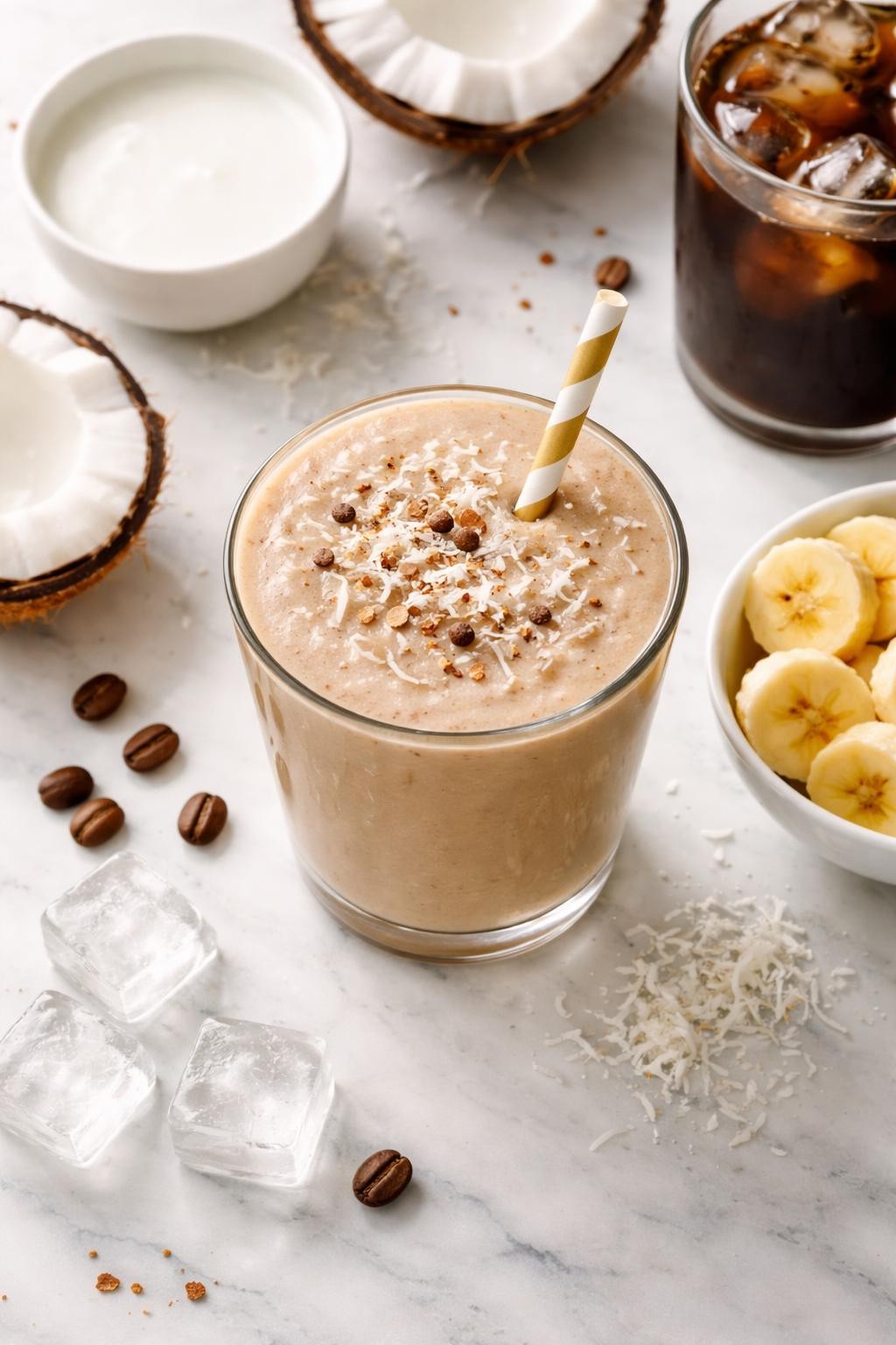 Realistic top-down editorial food photography of a coconut coffee smoothie in a clear glass on a clean white marble countertop. The smoothie is light mocha beige, thick, creamy, and smooth, styled with coconut flakes, coconut milk in a plain bowl, cold coffee, banana slices, and a few ice cubes nearby. Bright natural daylight, clean tropical coffee smoothie styling, high detail, realistic creamy texture, no people, no hands, no text, no watermarks, no props with writing.
