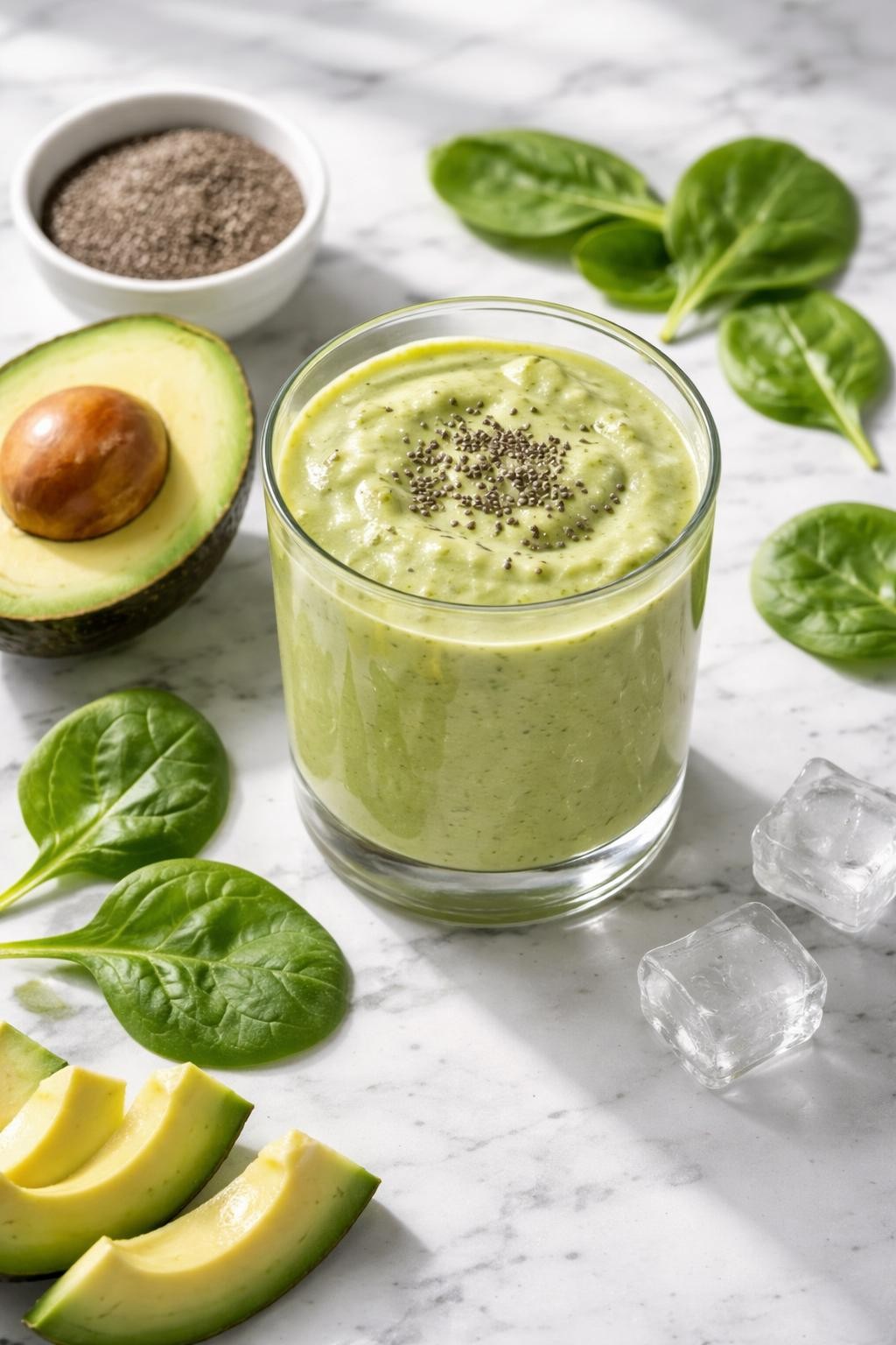 Realistic top-down editorial food photography of a thick keto avocado green smoothie served in a clear glass on a clean white and gray marble countertop. The smoothie is creamy pale green, smooth and rich-looking, with avocado slices, spinach leaves, chia seeds, and a few ice cubes styled neatly nearby. Bright natural window lighting, soft shadows, clean healthy breakfast styling, high detail, realistic smoothie texture, no people, no hands, no text, no watermarks, no props with writing.