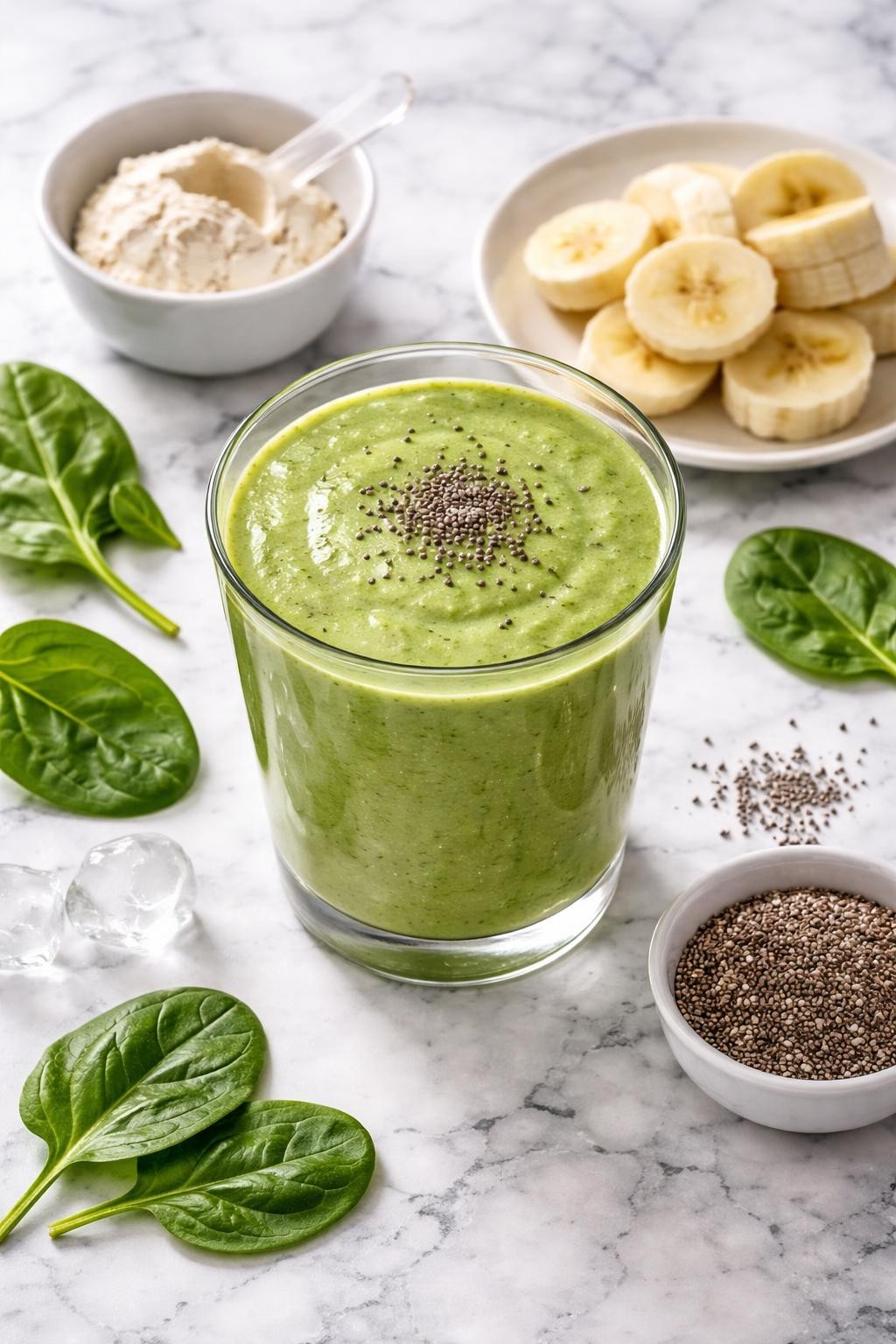 Realistic top-down food photography of a thick green protein smoothie in a clear glass on a white and gray marble countertop. The smoothie is creamy green with a smooth finish, styled with spinach leaves, banana slices, a small scoop of plain protein powder in a simple bowl, and chia seeds nearby. Bright natural lighting, clean fitness breakfast styling, high detail, realistic texture, no people, no hands, no text, no watermarks, no props with writing.