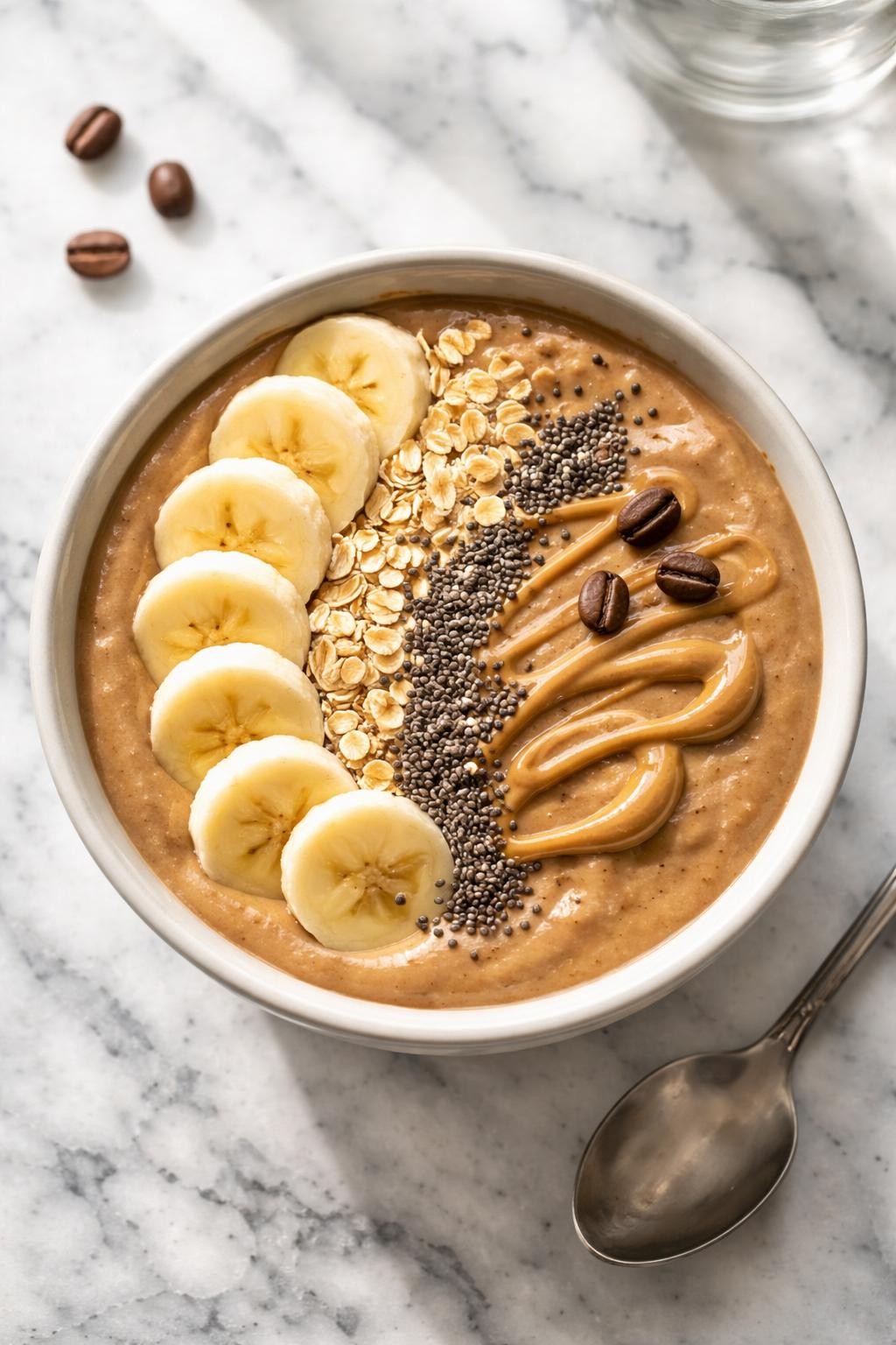 Realistic top-down editorial food photography of a thick coffee smoothie bowl served in a simple neutral bowl on a clean white and gray marble countertop. The smoothie base is creamy coffee brown and thick, topped neatly with banana slices, rolled oats, chia seeds, almond butter drizzle, and a few coffee beans for styling. Bright natural window lighting, clean breakfast bowl styling, high detail, realistic creamy texture, no people, no hands, no text, no watermarks, no props with writing.