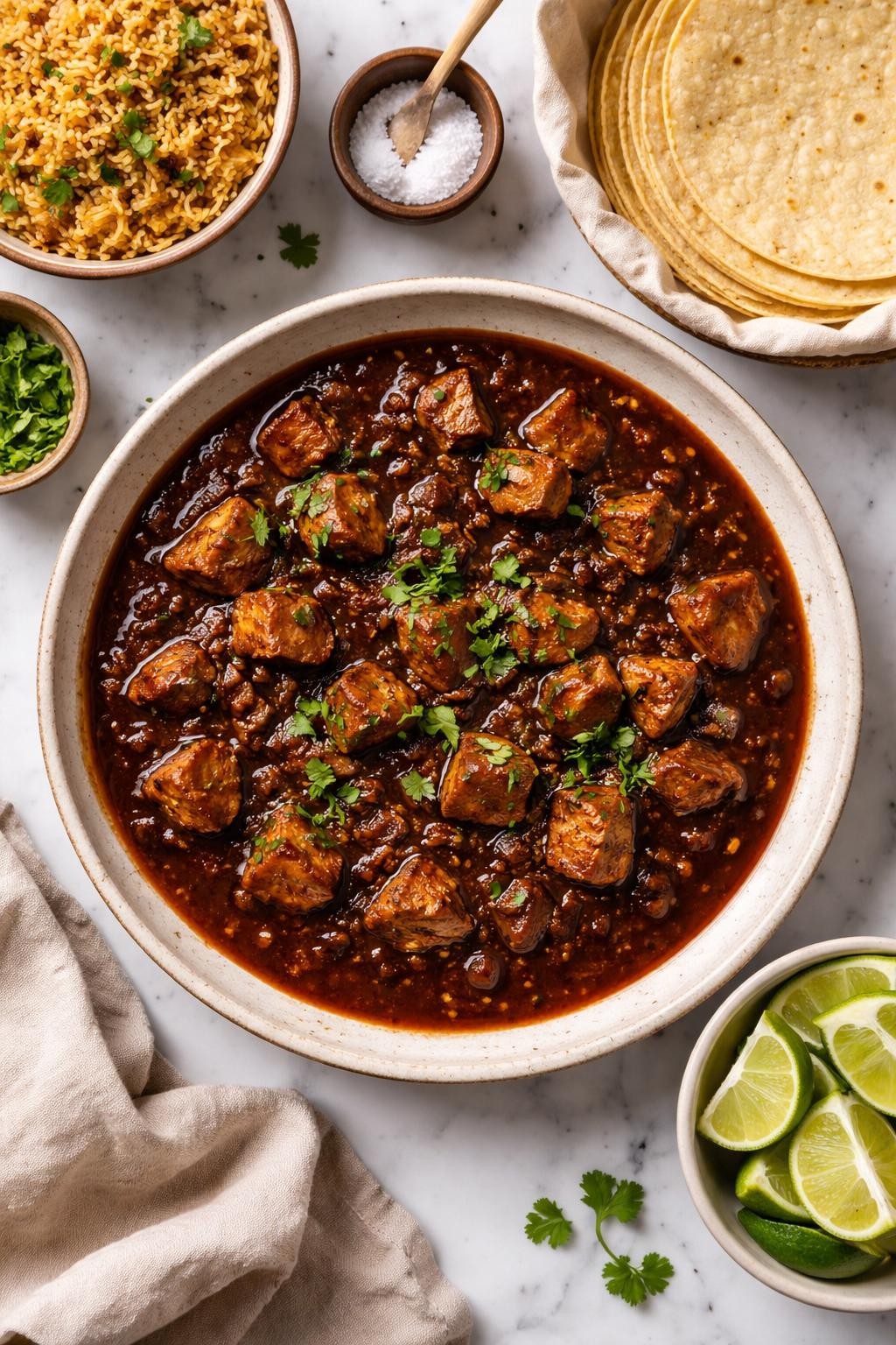 An overheard picture view of a plate of Puerco con Chile Pasilla sitting on a marble countertop table in the kitchen, professional food photography style.