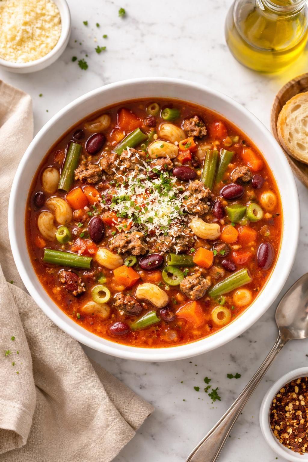 Image Prompt: Top-down realistic food photography of vegetable beef minestrone-style soup in a white bowl on a bright marble countertop, tomato broth with ground beef, beans, pasta, carrots, celery, and green beans, cozy homemade dinner styling, bright natural daylight, clean editorial composition, high detail, no people, no hands, no text, no watermarks, no props with writing.