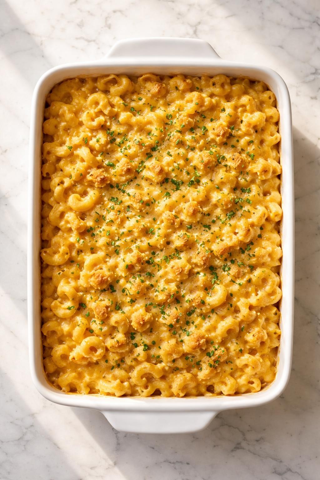 Image Prompt: Top-down realistic food photography of vegan baked mac and cheese in a white casserole dish on a clean marble countertop, elbow pasta coated in creamy golden dairy-free cheese sauce with a lightly baked top, warm natural daylight, cozy soul food comfort meal mood, no people, no hands, no text, no watermarks, no props with writing.