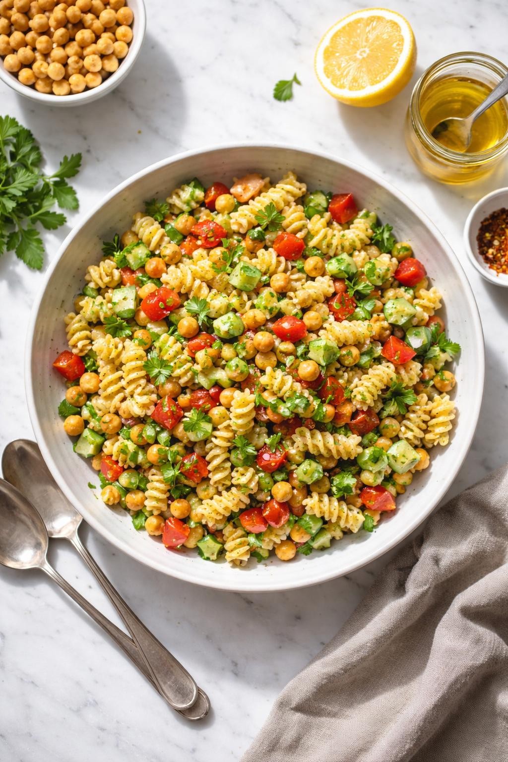 Image Prompt: Top-down realistic editorial food photography of a homemade vegan chickpea pasta salad on a clean white marble countertop, pasta mixed with chickpeas, cucumber, red bell pepper, parsley, and lemon dressing in a simple bowl, bright hearty homemade lunch mood, natural daylight, soft shadows, clean composition, high detail, no people, no hands, no text, no watermarks, no props with writing.
