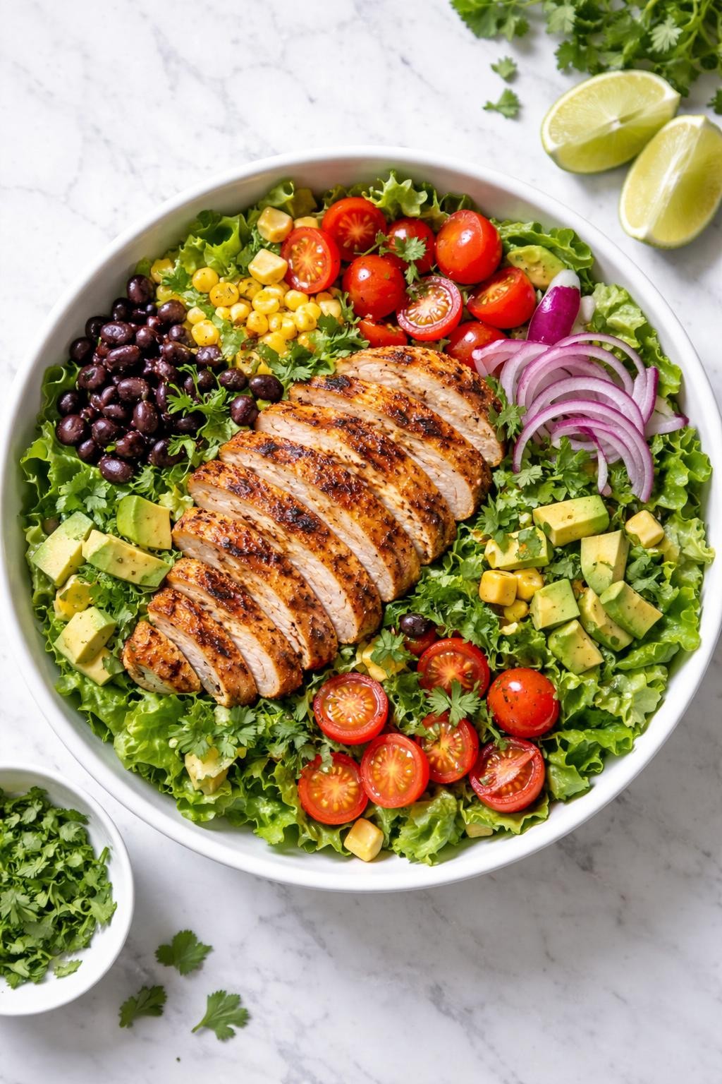 Image Prompt: Realistic top-down editorial food photography of a southwest grilled chicken salad in a large white bowl on a clean marble countertop, sliced grilled chicken with black beans, corn, avocado, romaine, cherry tomatoes, red onion, and cilantro, lime wedges on the side, bright natural daylight, fresh colorful meal styling, high detail, realistic food texture, no people, no hands, no text, no watermarks, no props with writing.