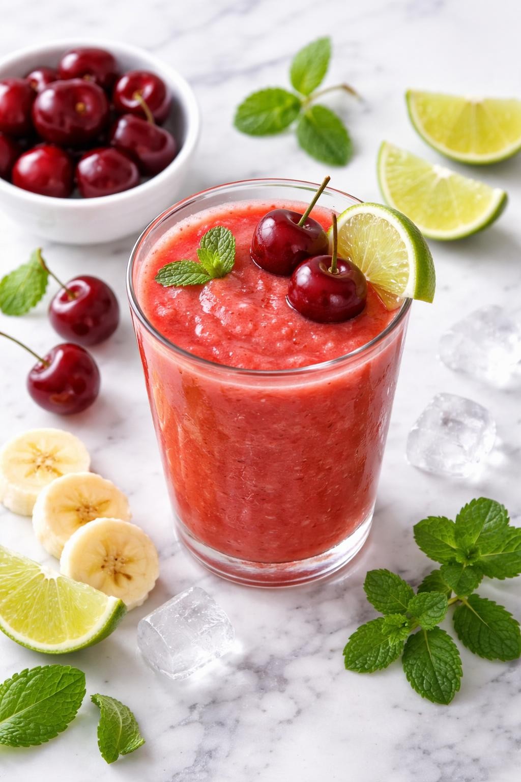 Realistic top-down editorial food photography of a cherry lime smoothie served in a clear glass on a white and gray marble countertop. The smoothie is bright cherry red, smooth, cold, and refreshing, styled with pitted cherries, lime wedges, mint leaves, banana slices, and a few ice cubes nearby. Bright natural daylight, clean fresh smoothie styling, high detail, realistic drink texture, no people, no hands, no text, no watermarks, no props with writing.