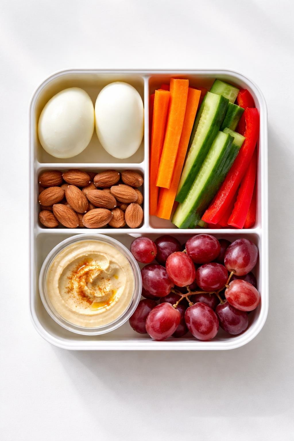 "Top-down realistic shot of a bento-style lunch box with compartments: two peeled hard-boiled eggs, carrot sticks, cucumber slices, red bell pepper strips, a small handful of almonds, a few red grapes, and a mini container of hummus. Clean white surface, soft daylight, healthy portable snack prep, no people, no hands, no text, no watermarks."