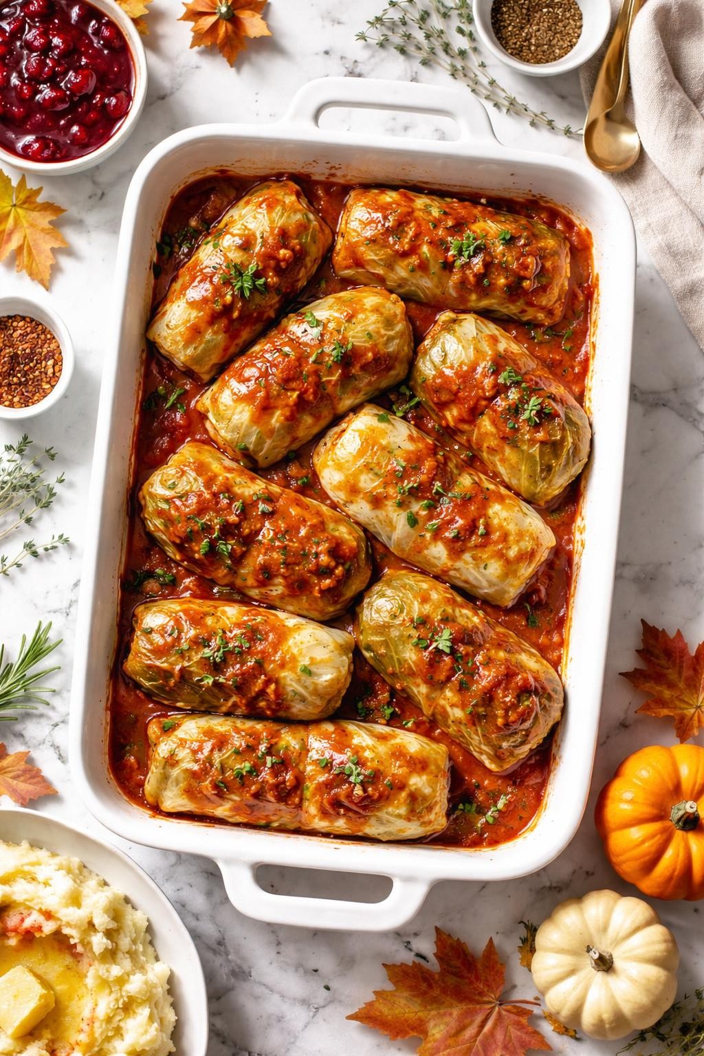 Image Prompt: Top-down realistic editorial food photography of vegan stuffed cabbage rolls in a white baking dish on a clean white and gray marble countertop, tender cabbage leaves filled with rice, lentils, and tomato sauce, cozy festive Thanksgiving dinner styling, bright natural light, soft shadows, high detail, no people, no hands, no text, no watermarks, no props with writing.