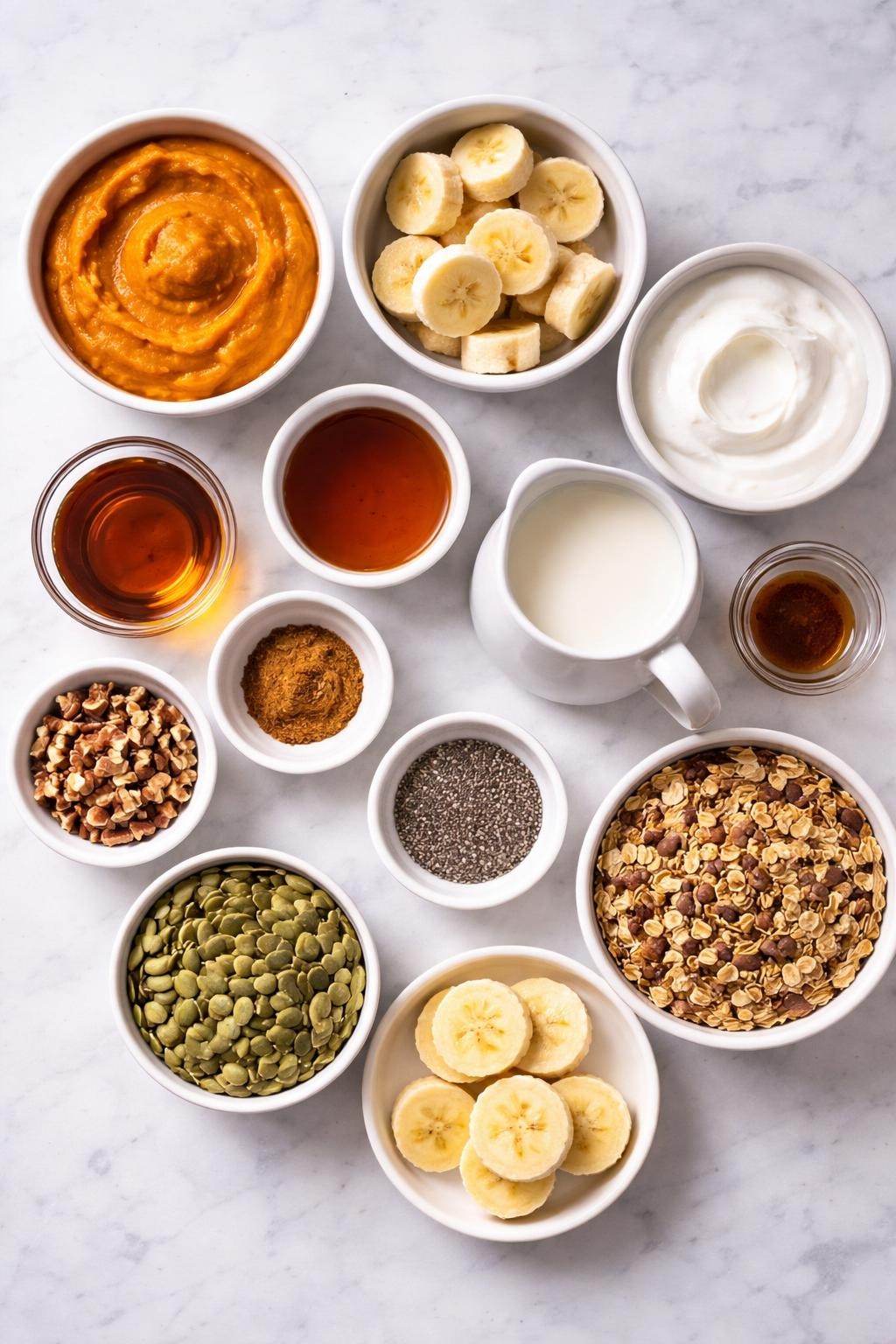 Prompt: A realistic top-down flat lay food photography image of pumpkin smoothie bowl ingredients arranged neatly on a countertop marble table. Include pumpkin puree in a small plain bowl, frozen banana slices, thick Greek yogurt, almond milk, maple syrup, cinnamon, pumpkin pie spice, vanilla extract, granola, pumpkin seeds, chia seeds, chopped pecans, and fresh banana slices. Clean bright natural light, simple organized layout, no people, no hands, no text, no watermarks, no props with writing.