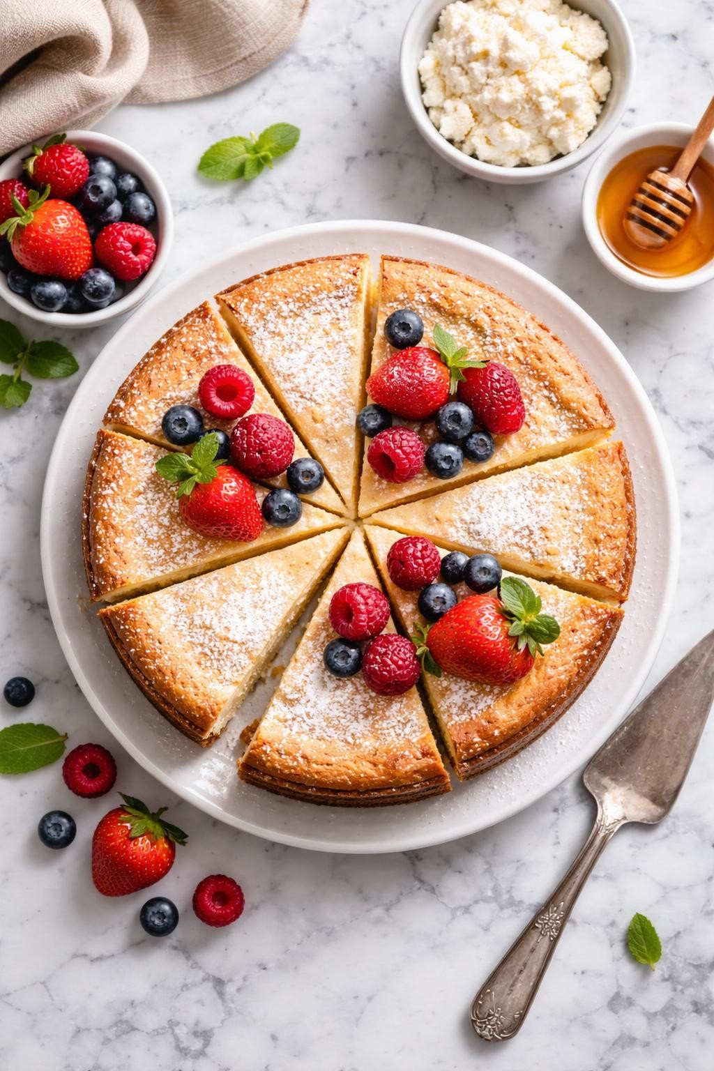 An overheard picture view of a plate of Italian Ricotta Cheesecake sitting on a marble countertop table in the kitchen, professional food photography style.