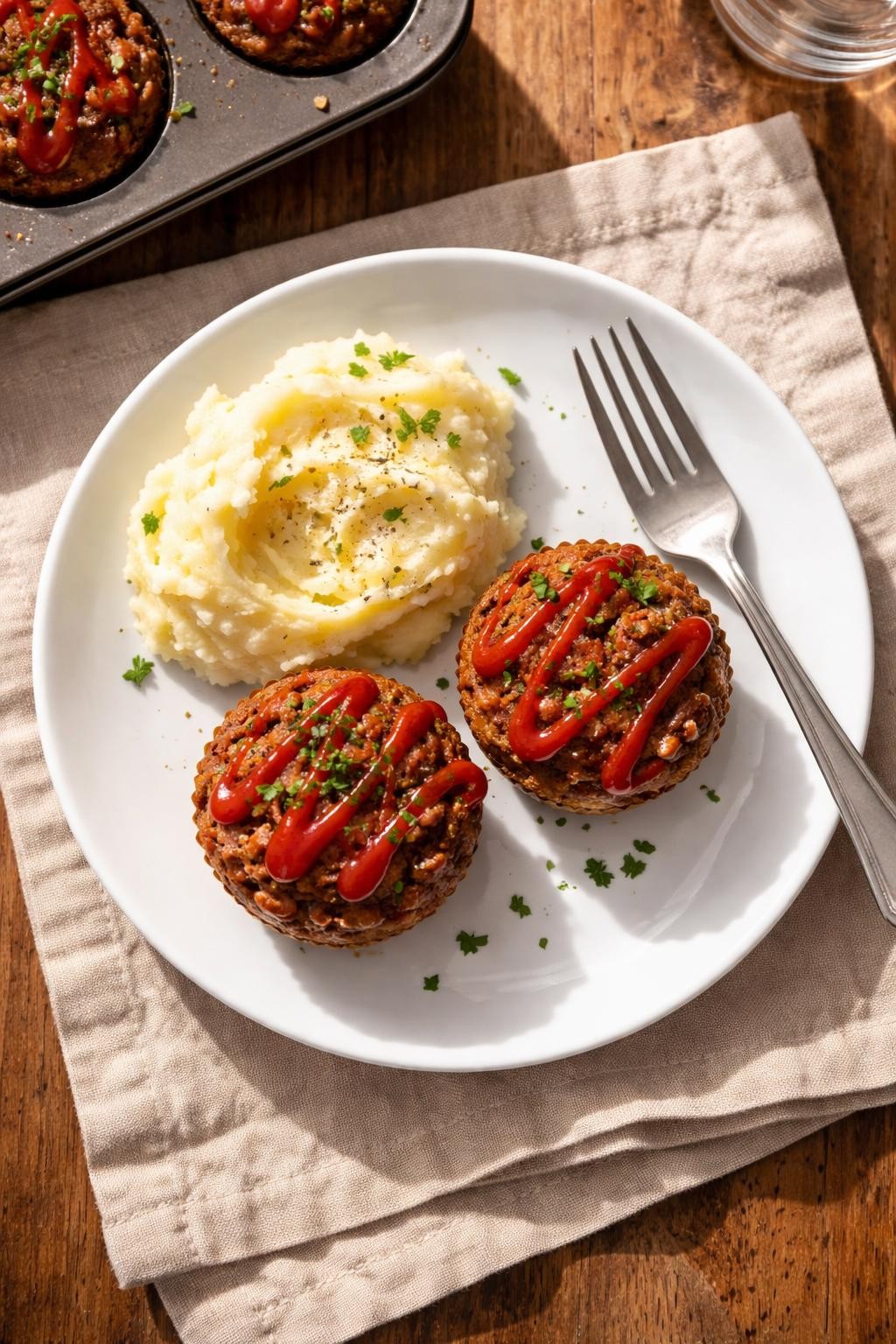 Photo prompt: Realistic top-down editorial food photography of a white plate with two mini meatloaf muffins (in a muffin tin) and a scoop of mashed potatoes. A drizzle of ketchup on top of the meatloaves. A fork on the side. Warm natural light, portion-controlled family dinner mood, no people, no hands, no text, no watermarks, no props with writing.