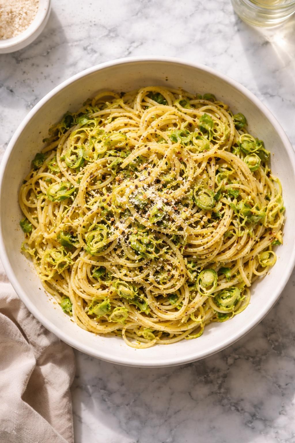 Image Prompt: Top-down realistic editorial food photography of a bowl of homemade vegan Brussels sprout pasta on a clean white and gray marble countertop, tender pasta tossed with sautéed shredded Brussels sprouts, garlic, olive oil, and black pepper, finished with a light sprinkle of vegan parmesan, cozy homemade dinner mood, bright natural window lighting, soft shadows, high detail, no people, no hands, no text, no watermarks, no props with writing.