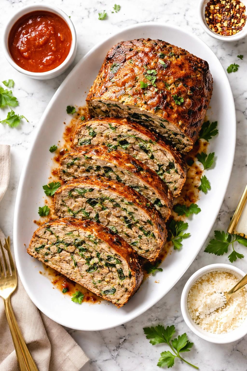 An overheard picture view of a plate of Italian Sausage and Spinach Meatloaf sitting on a marble countertop table in the kitchen, professional food photography style.