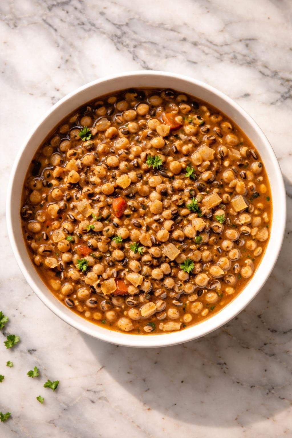 Image Prompt: Top-down realistic editorial food photography of vegan black-eyed peas in a white serving bowl on a clean marble countertop, tender black-eyed peas cooked with onions, garlic, and smoky broth, warm natural daylight, hearty homemade soul food mood, no people, no hands, no text, no watermarks, no props with writing.
