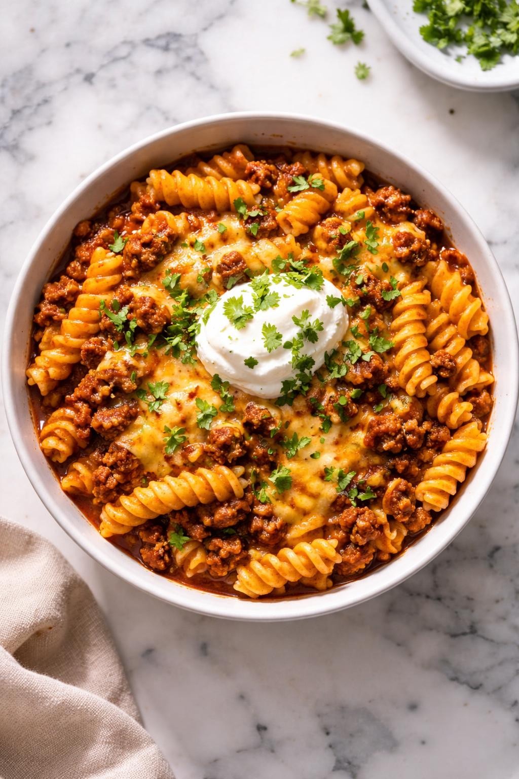 Image Prompt: Realistic top-down editorial food photography of cheesy beef enchilada pasta in a bowl on a clean white and gray marble countertop, pasta coated in red enchilada-style sauce with seasoned ground beef and melted cheese, topped with chopped cilantro and sour cream, bright natural light, soft shadows, warm homemade dinner styling, high detail, realistic food texture, no people, no hands, no text, no watermarks, no props with writing.
