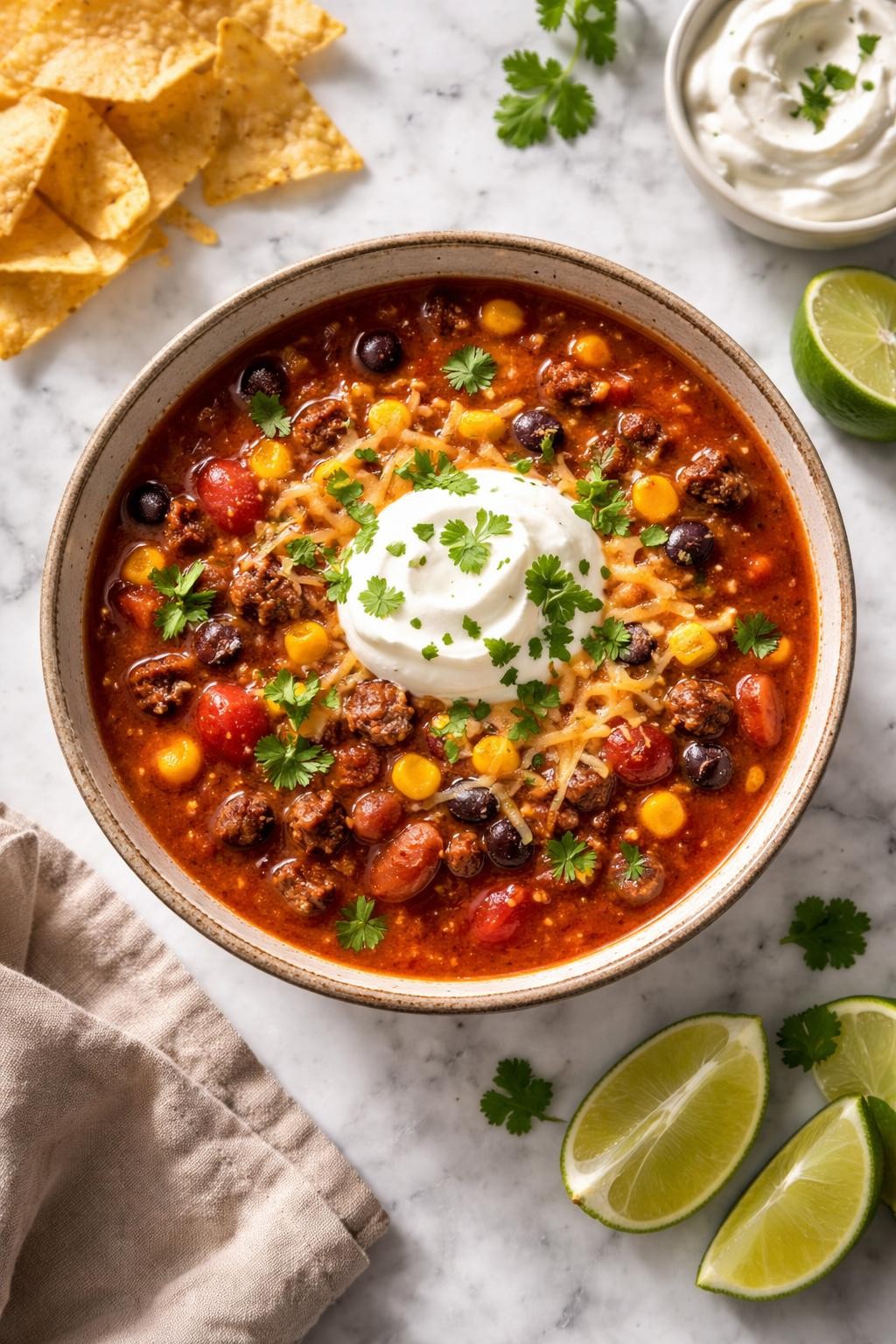 Image Prompt: Realistic top-down editorial food photography of thick taco soup in a rustic bowl on a clean white and gray marble countertop, hearty tomato-based soup with ground beef, beans, corn, and melted cheese, topped with sour cream and cilantro, cozy homemade mood, bright natural light, soft shadows, no people, no hands, no text, no watermarks, no props with writing.