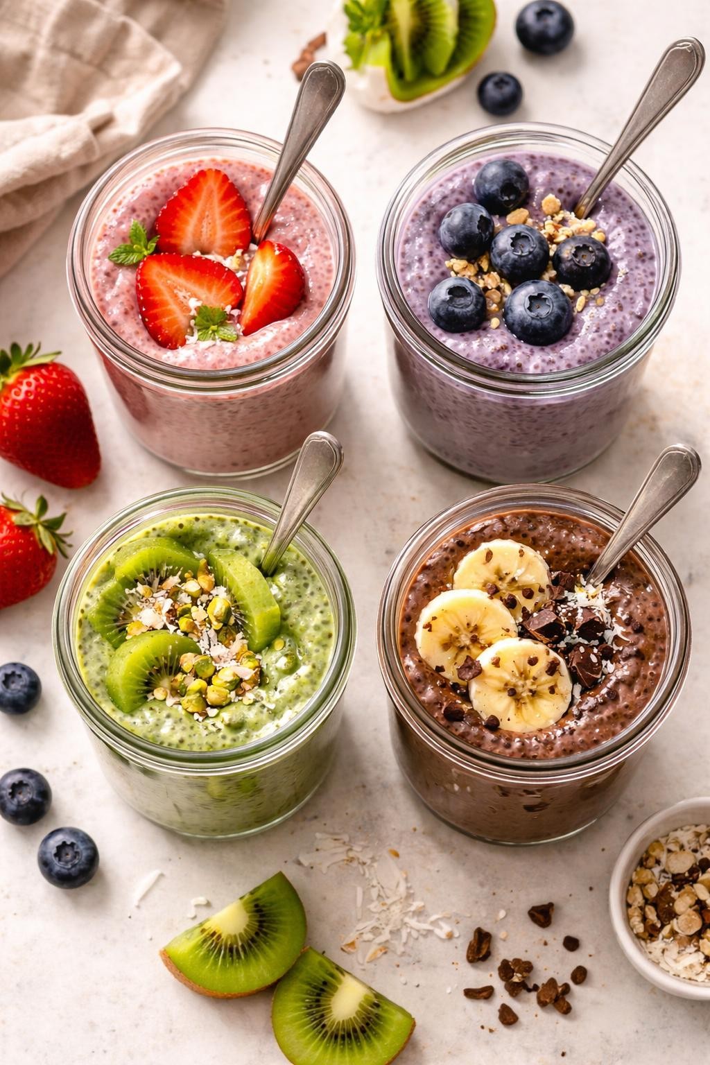 "Top-down realistic shot of four small glass jars of chia pudding in different colors: one pink with strawberries, one purple with blueberries, one green with matcha, one brown with cocoa and coconut. A spoon in each jar. Soft natural light, creamy and vegan breakfast prep, no people, no hands, no text, no watermarks."