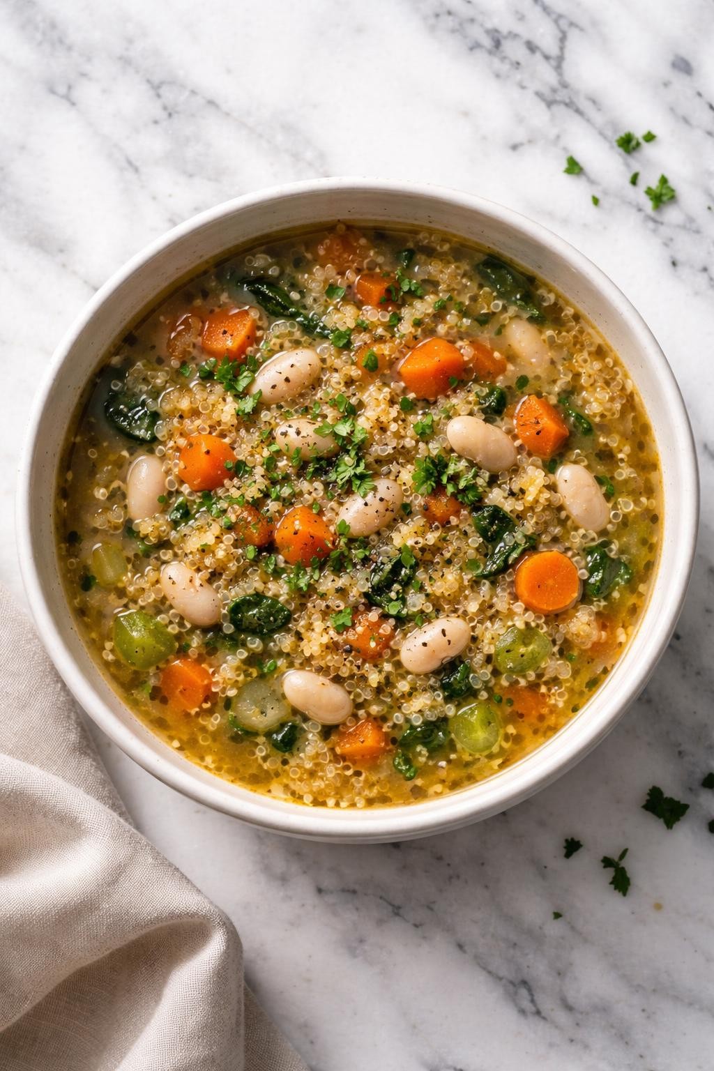 Image Prompt: Top-down realistic editorial food photography of quinoa and white bean soup in a simple bowl on a clean white and gray marble countertop, hearty soup filled with fluffy quinoa, white beans, carrots, celery, and herbs in a savory broth, cozy homemade vegan lunch styling, bright natural light, soft shadows, high detail, no people, no hands, no text, no watermarks, no props with writing.