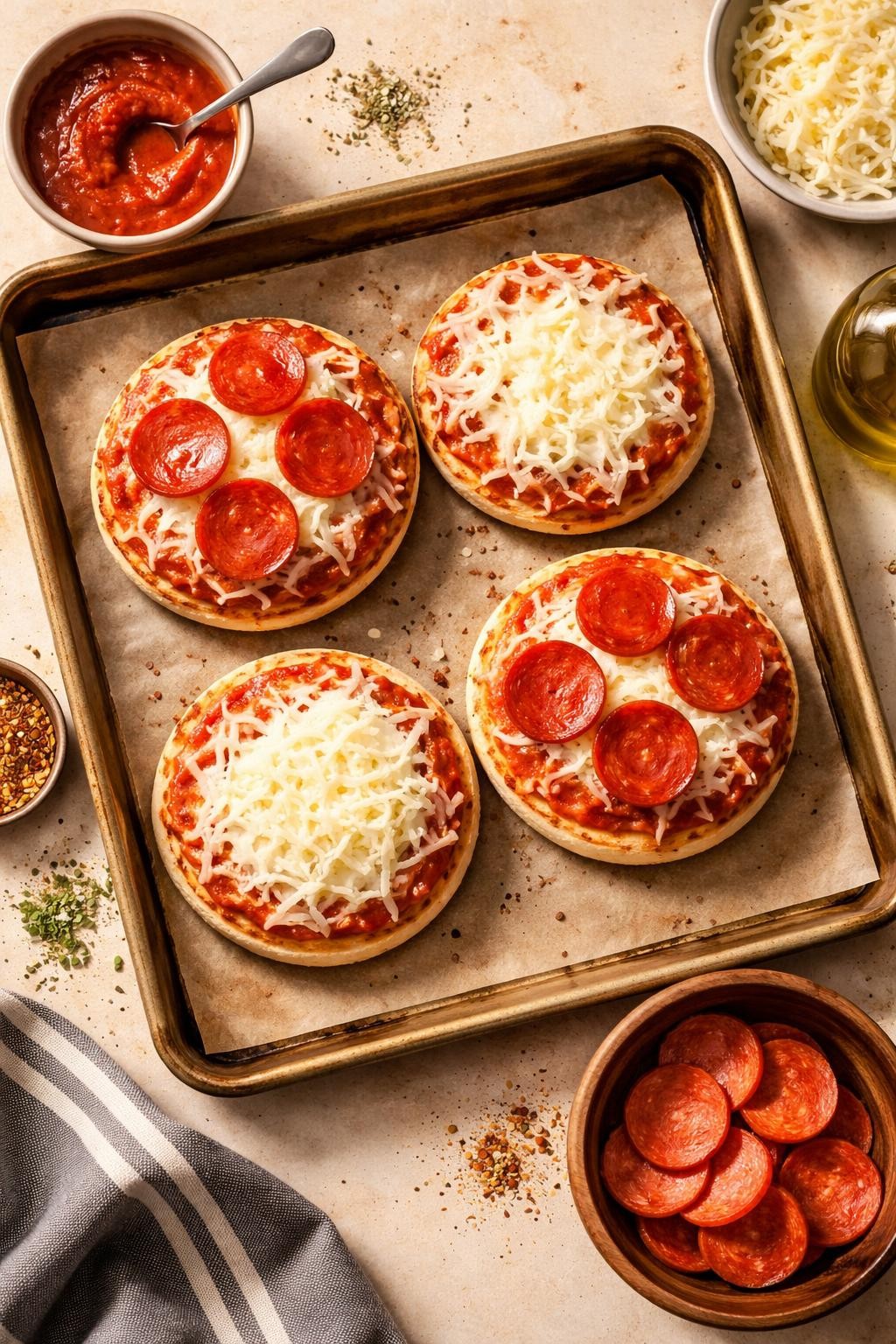 "Overhead realistic photo of a baking sheet with four English muffin pizzas, each topped with red sauce, shredded mozzarella, and pepperoni slices. One pizza has only cheese. Soft warm light, fun make-your-own dinner, no people, no hands, no text, no watermarks."