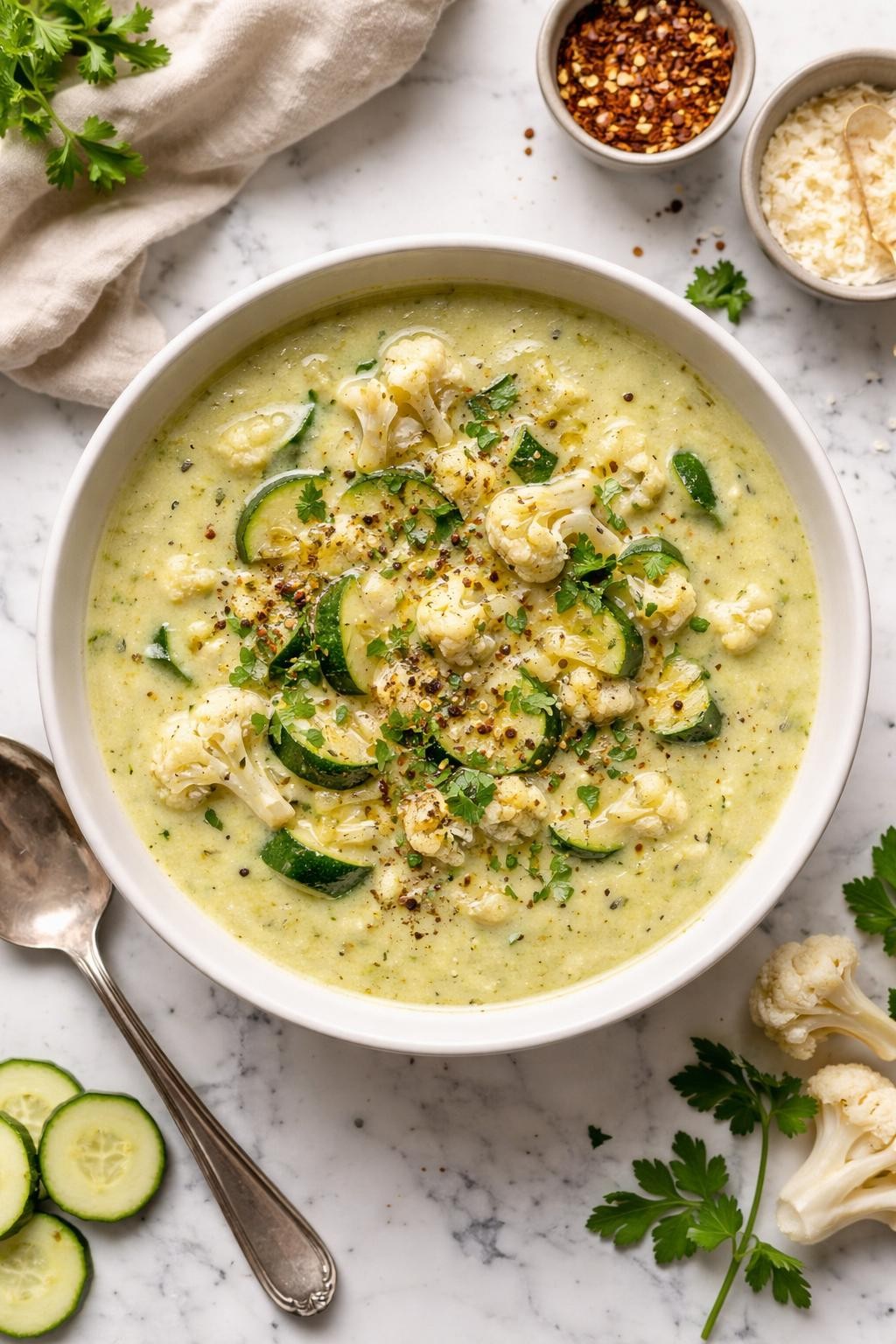 An overheard picture view of a plate of Zucchini and Cauliflower Soup sitting on a marble countertop table in the kitchen, professional food photography style.