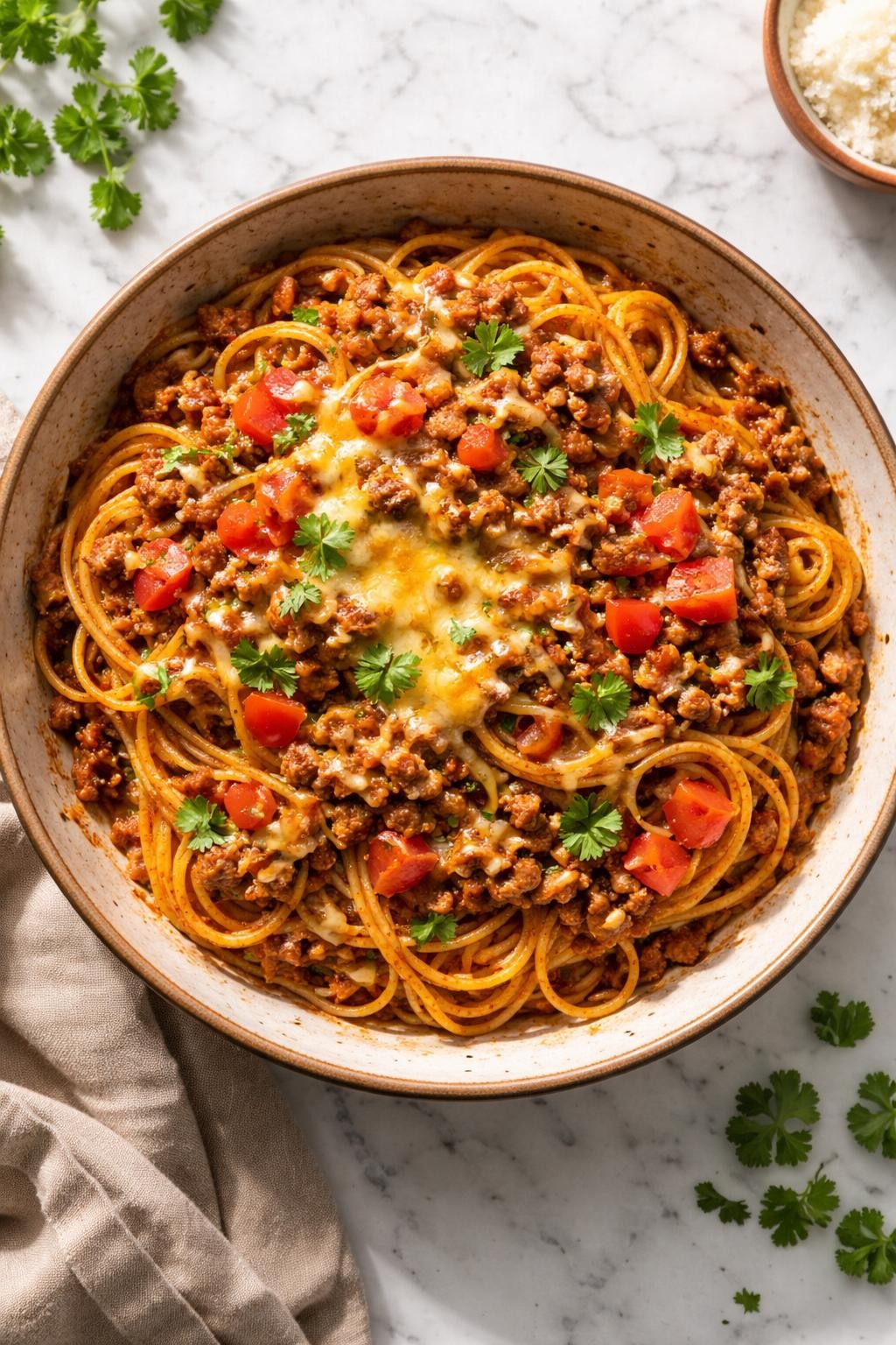 Image Prompt: Realistic top-down editorial food photography of taco spaghetti in a rustic bowl on a white marble countertop, spaghetti tossed in a rich taco-seasoned tomato sauce with ground beef, melted cheese, diced tomatoes, and cilantro, bright natural light, soft shadows, cozy homemade dinner mood, high detail, realistic food texture, no people, no hands, no text, no watermarks, no props with writing.