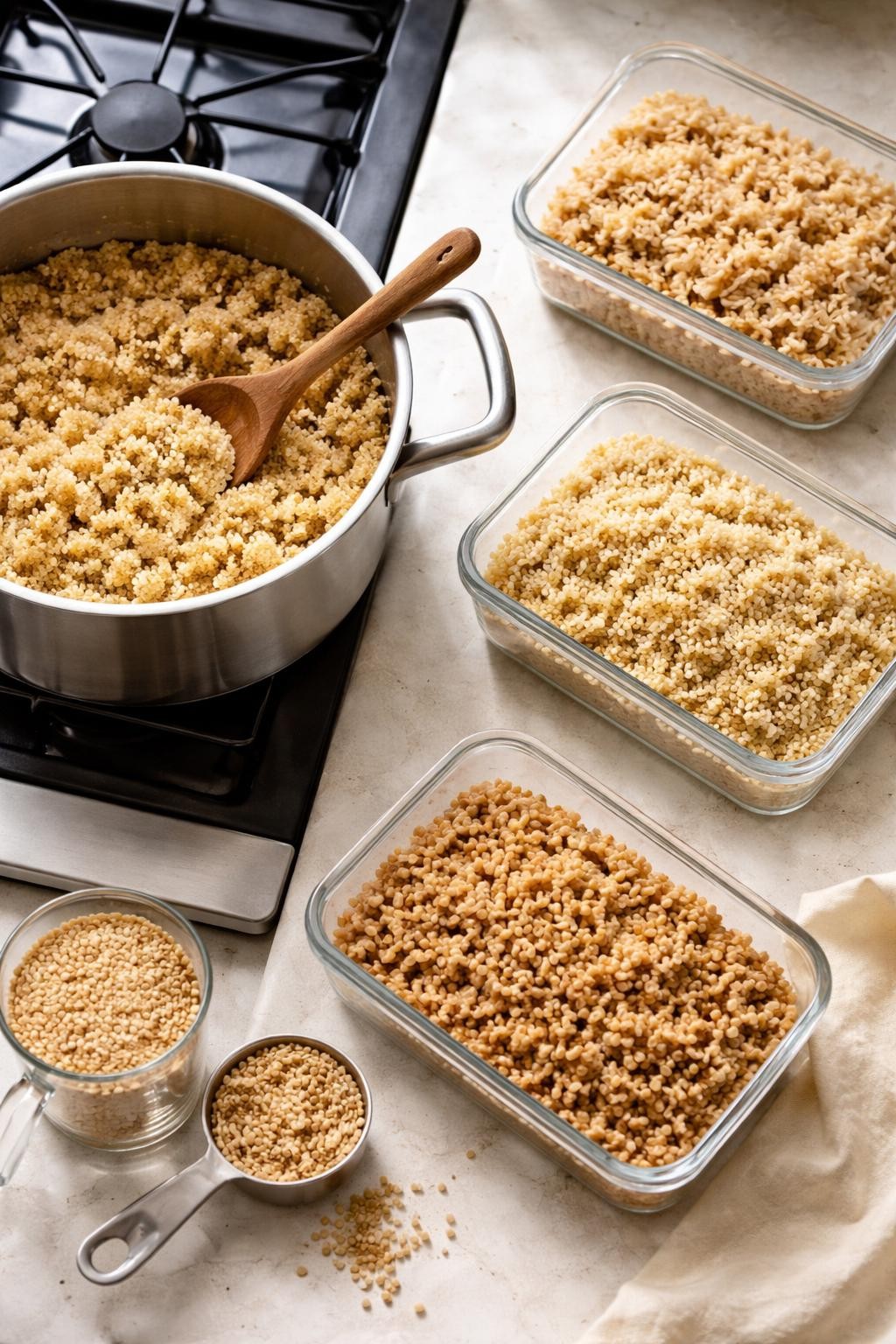 Photo prompt: Realistic top-down editorial food photography of a large pot of cooked quinoa on a stove, with containers of brown rice, quinoa, and farro cooling on a counter. A measuring cup and spoon nearby. Soft natural light, bulk grain cooking mood, no people, no hands, no text, no watermarks, no props with writing.