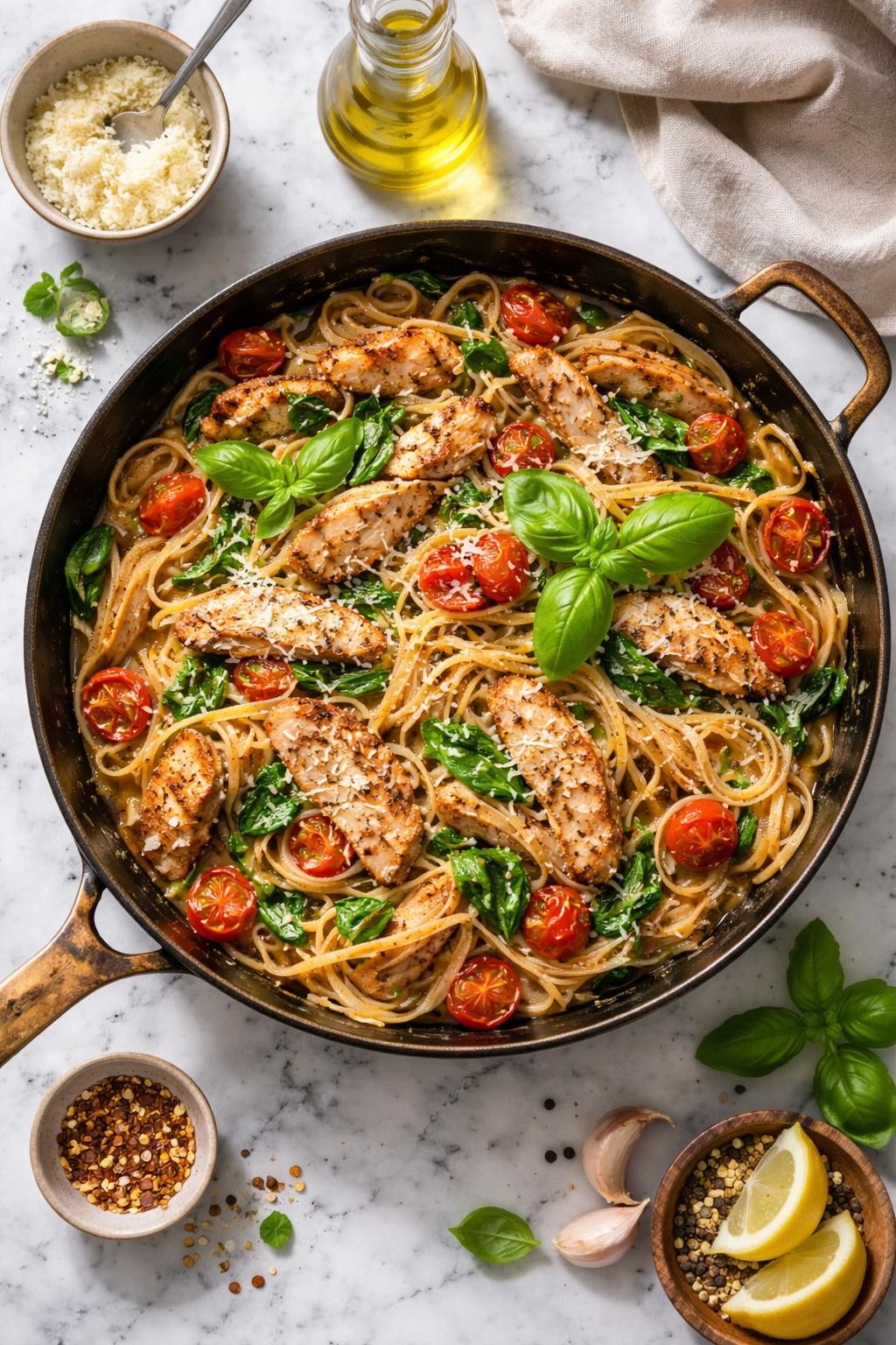 Image Prompt: Top-down realistic editorial food photography of a homemade Italian chicken pasta skillet on a clean white and gray marble countertop, pasta tossed with sliced seasoned chicken, garlic, tomatoes, spinach, and herbs in a rustic skillet, finished with grated parmesan and fresh basil, warm cozy homemade dinner mood, bright natural window lighting, soft shadows, clean composition, high detail, realistic food texture, no people, no hands, no text, no watermarks, no props with writing.