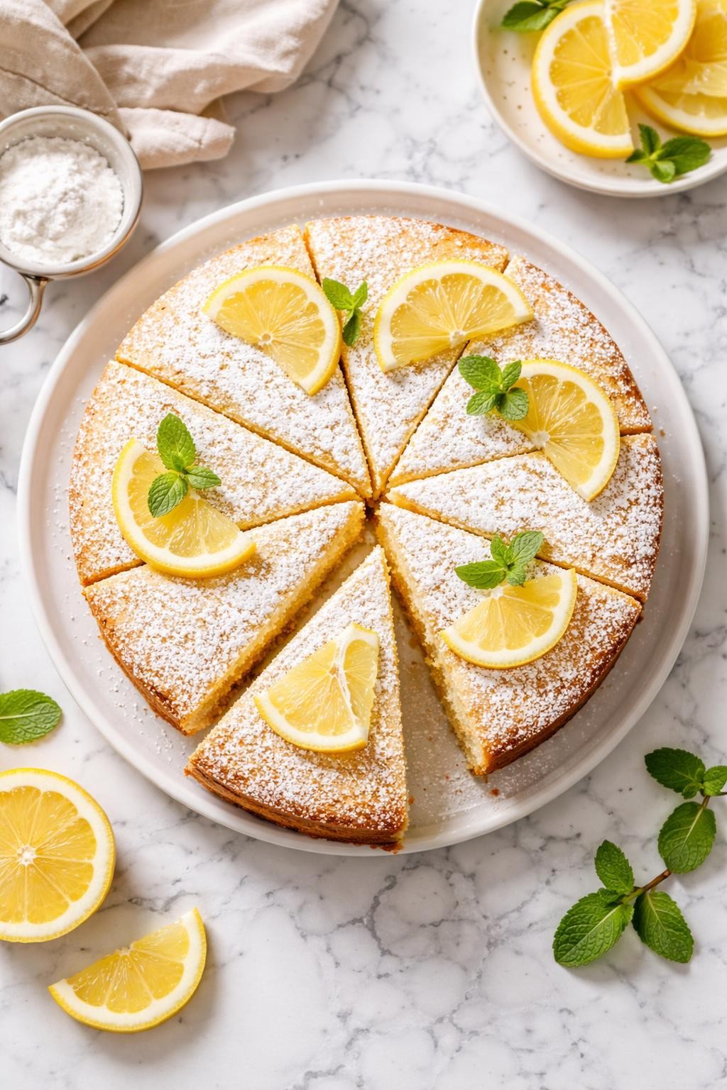 An overheard picture view of a plate of Italian Lemon Cake sitting on a marble countertop table in the kitchen, professional food photography style.