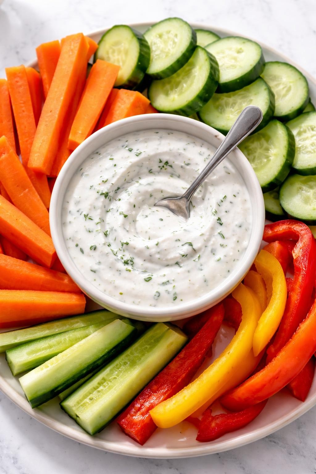 "Overhead realistic photo of a small bowl of creamy ranch dip made with Greek yogurt, surrounded by carrot sticks, cucumber slices, and bell pepper strips. A spoon in the dip. Bright natural light, high-protein snack prep, no people, no hands, no text, no watermarks."