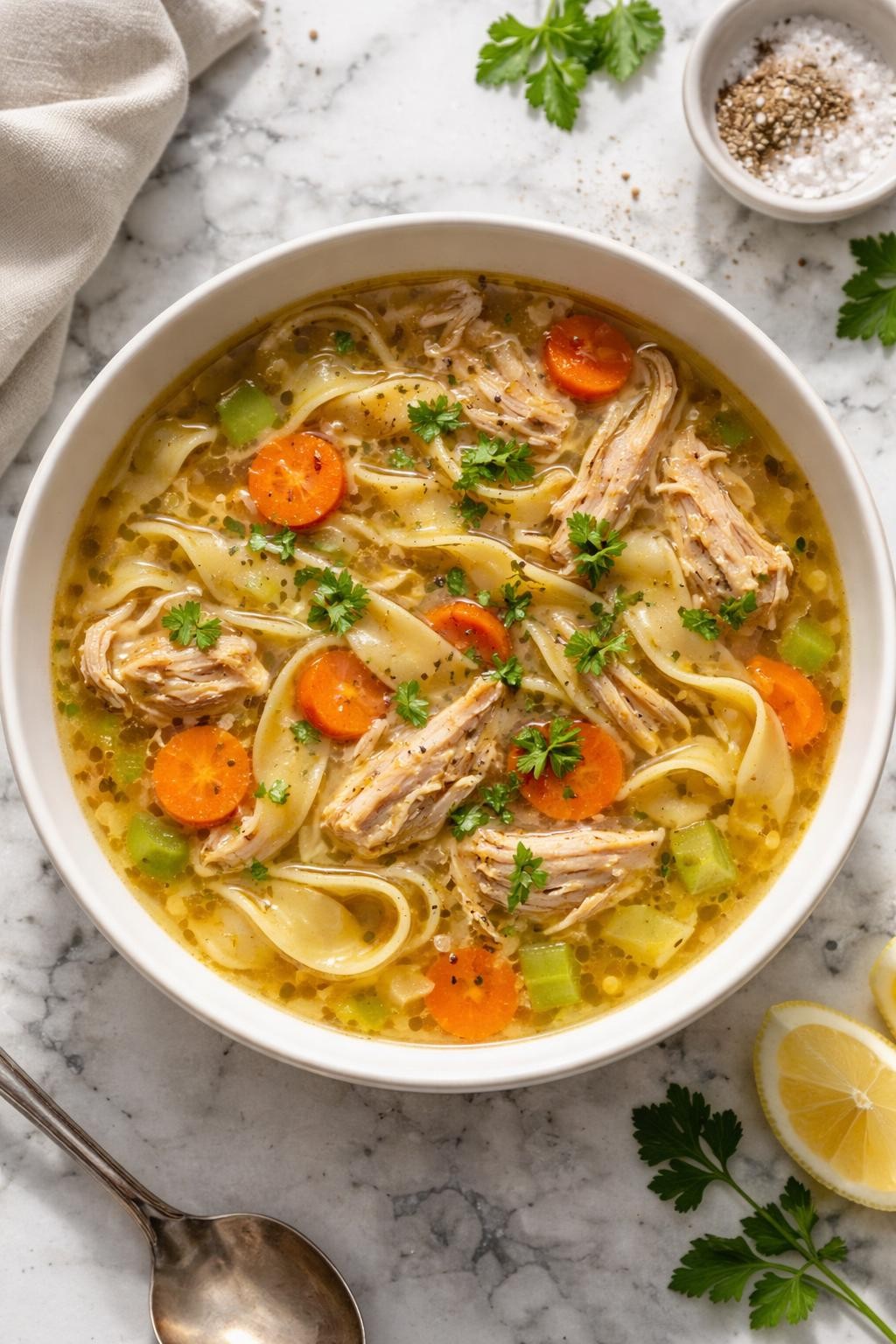 Image Prompt: Realistic top-down editorial food photography of homemade chicken thigh noodle soup in a wide white bowl on a clean white and gray marble countertop, golden broth filled with tender shredded chicken thighs, egg noodles, sliced carrots, celery, and parsley, cozy homemade dinner mood, bright natural window lighting, soft shadows, clean composition, high detail, realistic food texture, no people, no hands, no text, no watermarks, no props with writing.