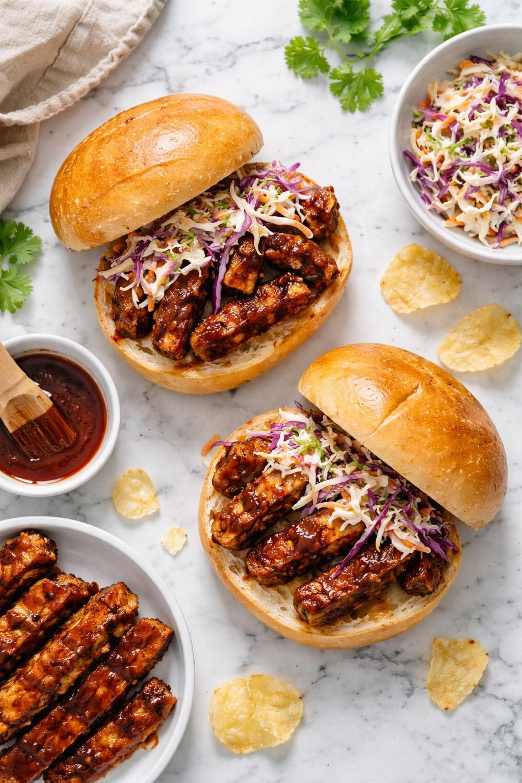 Image Prompt: Top-down realistic editorial food photography of homemade vegan BBQ tempeh sandwiches on a clean white and gray marble countertop, toasted sandwich buns filled with saucy barbecue tempeh strips and crunchy slaw, one sandwich slightly open to show the filling, cozy casual homemade meal mood, bright natural window light, soft shadows, high detail, no people, no hands, no text, no watermarks, no props with writing.