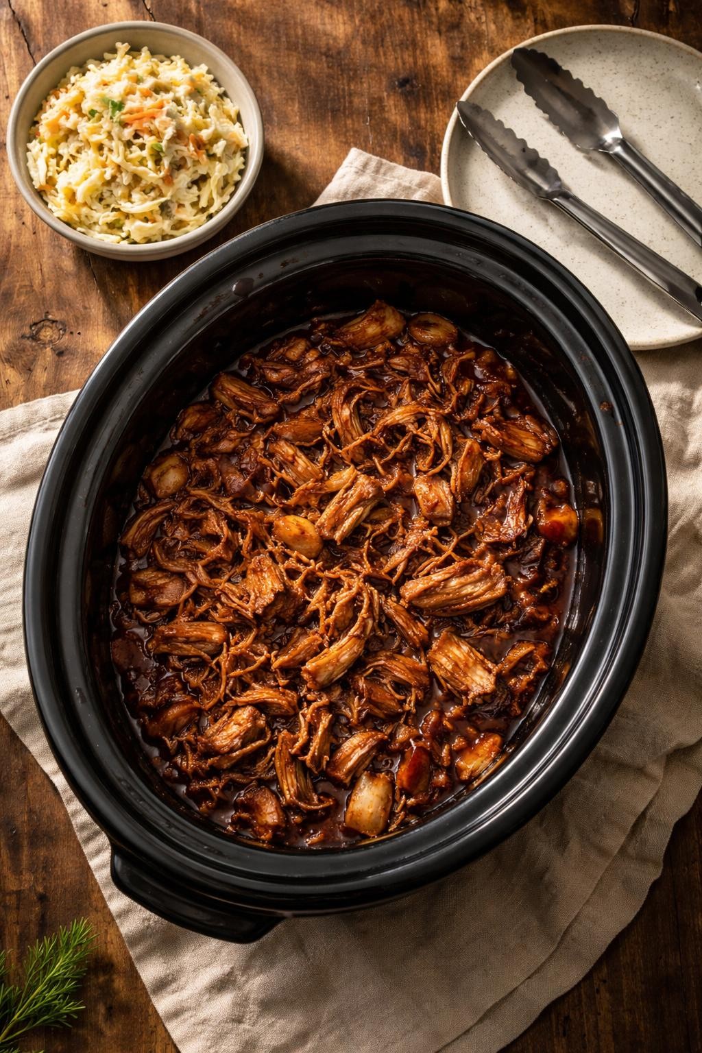 Prompt: Realistic top-down editorial food photography of a slow cooker filled with pulled pork, the meat shredded and coated in a dark BBQ sauce, with onions and garlic visible around the edges. A pair of metal tongs rests on a ceramic plate beside the cooker. A small bowl of coleslaw sits nearby. Warm afternoon light from a kitchen window, cozy and effortless cooking mood, no people, no hands, no text, no watermarks, no props with writing.