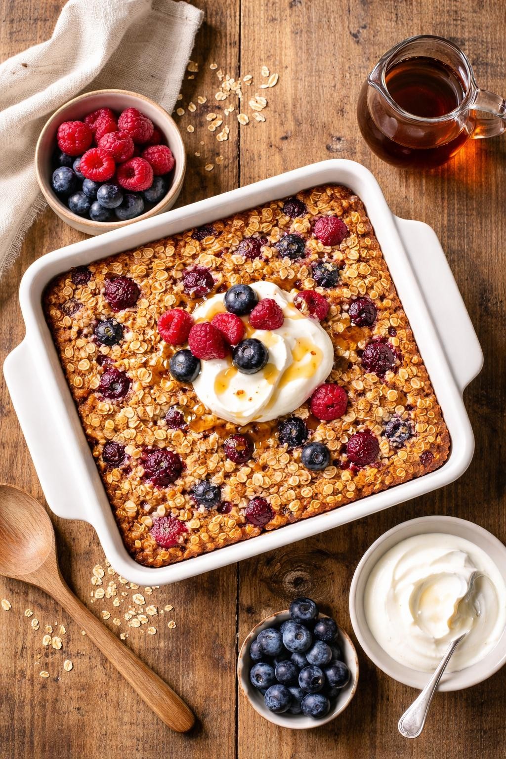 "Realistic top-down food photography of a square baking dish filled with baked oatmeal on a wooden table. The oatmeal is golden brown with visible blueberries and raspberries baked in. A drizzle of maple syrup and a dollop of Greek yogurt on top. Soft morning light, healthy breakfast prep for the week, no people, no hands, no text, no watermarks."