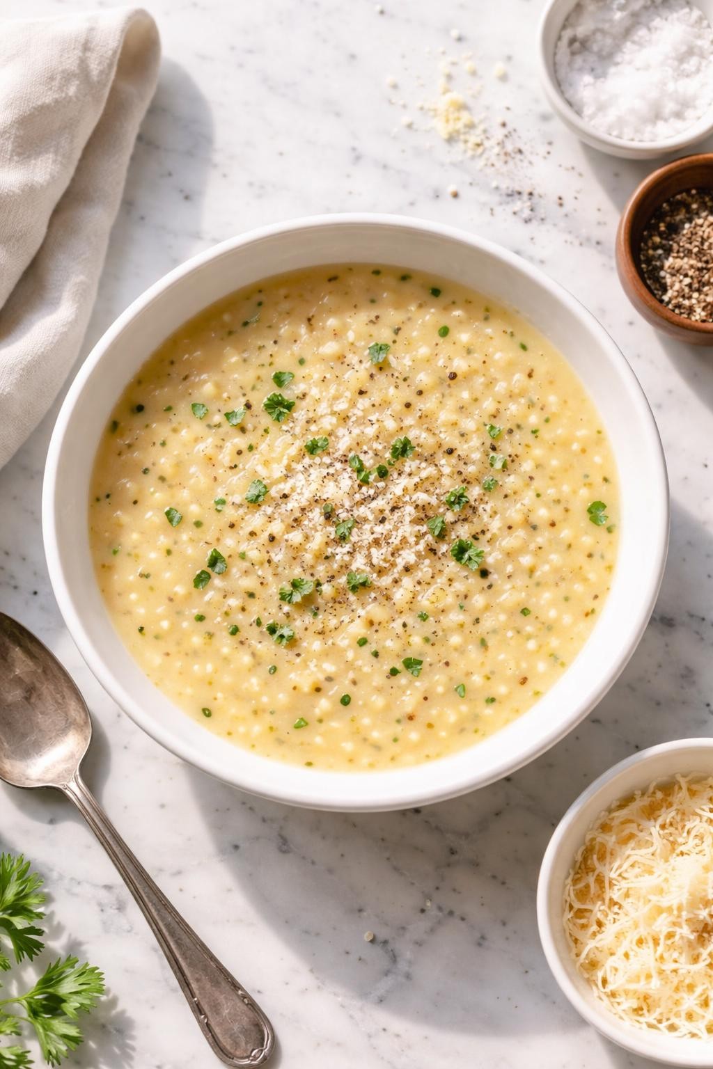 Image Prompt: Realistic top-down editorial food photography of creamy pastina soup in a white bowl on a clean marble countertop, tiny pastina pasta in a creamy pale golden broth with black pepper and parmesan, cozy homemade soup styling, bright natural daylight, soft shadows, no people, no hands, no text, no watermarks, no props with writing.