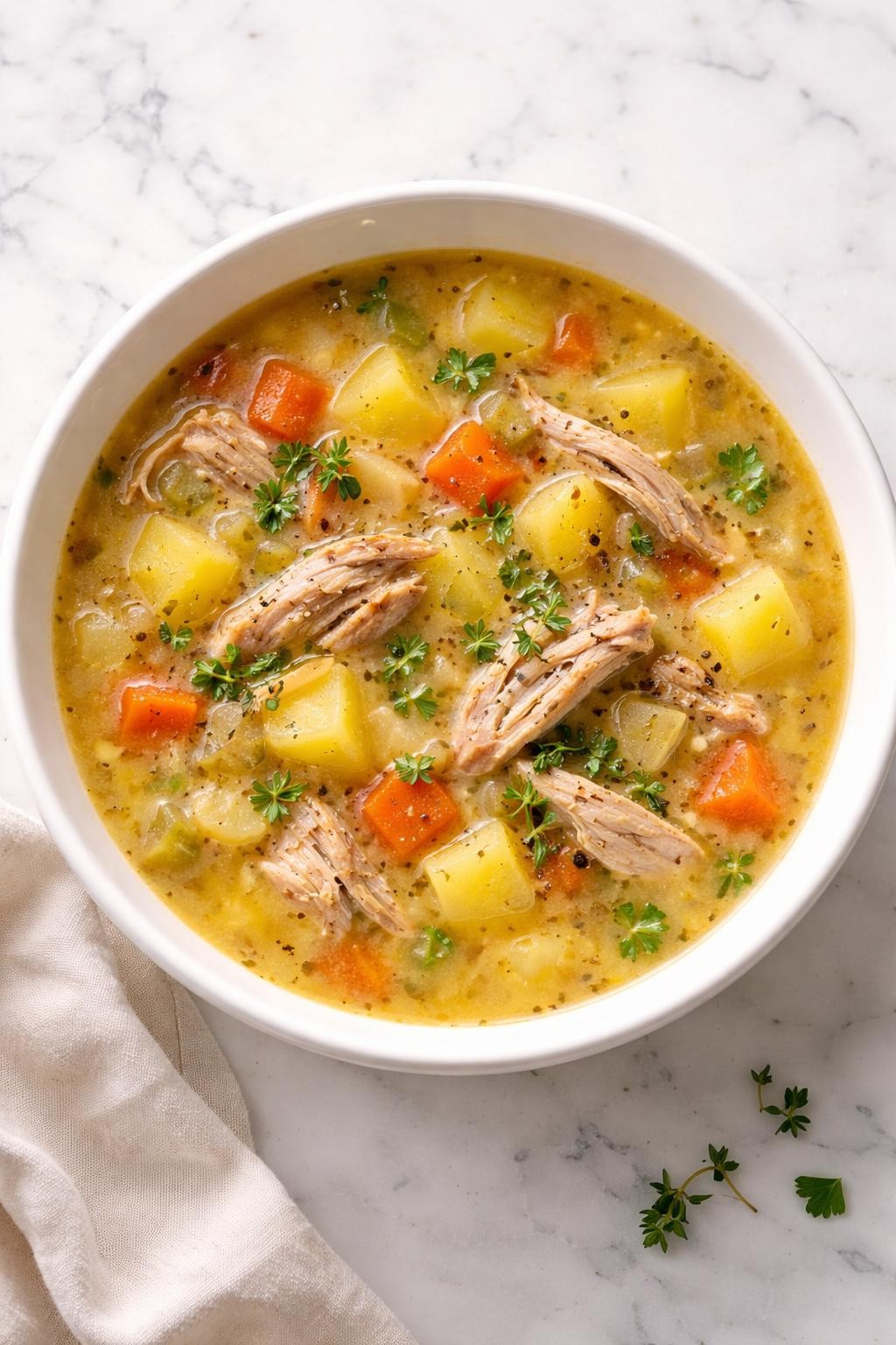 Image Prompt: Realistic top-down editorial food photography of chicken thigh potato soup in a white ceramic bowl on a clean marble countertop, creamy light golden soup with chunks of potato, tender shredded chicken thighs, herbs, and black pepper, cozy homemade comfort food mood, bright natural lighting, no people, no hands, no text, no watermarks, no props with writing.