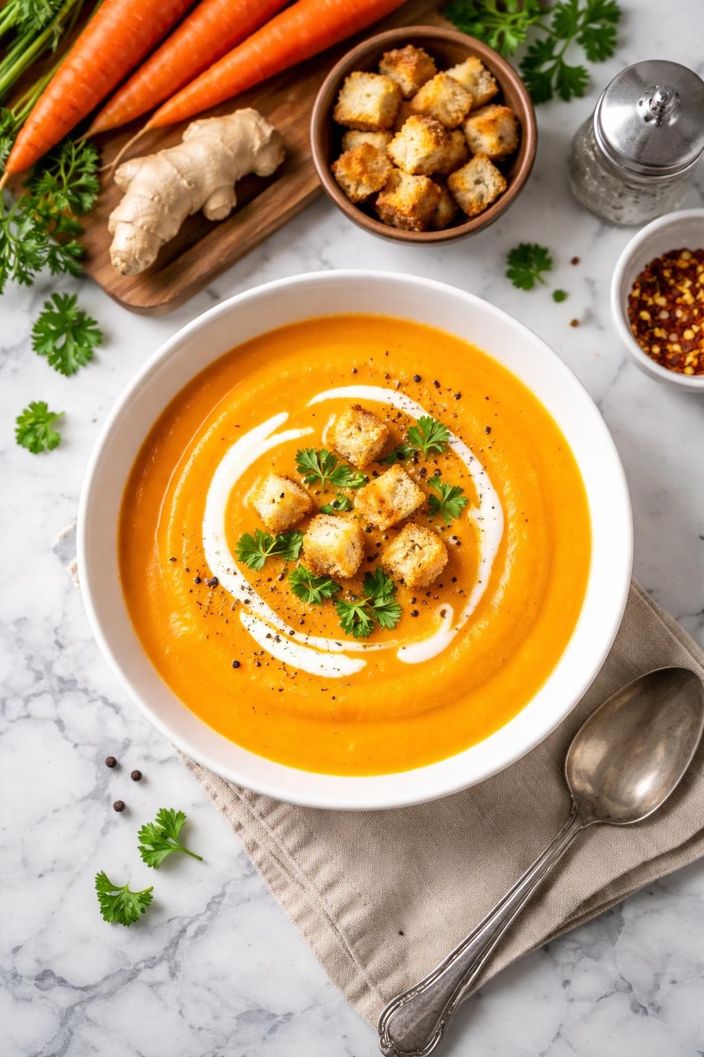 An overheard picture view of a plate of Creamy Carrot and Ginger Bisque sitting on a marble countertop table in the kitchen, professional food photography style.