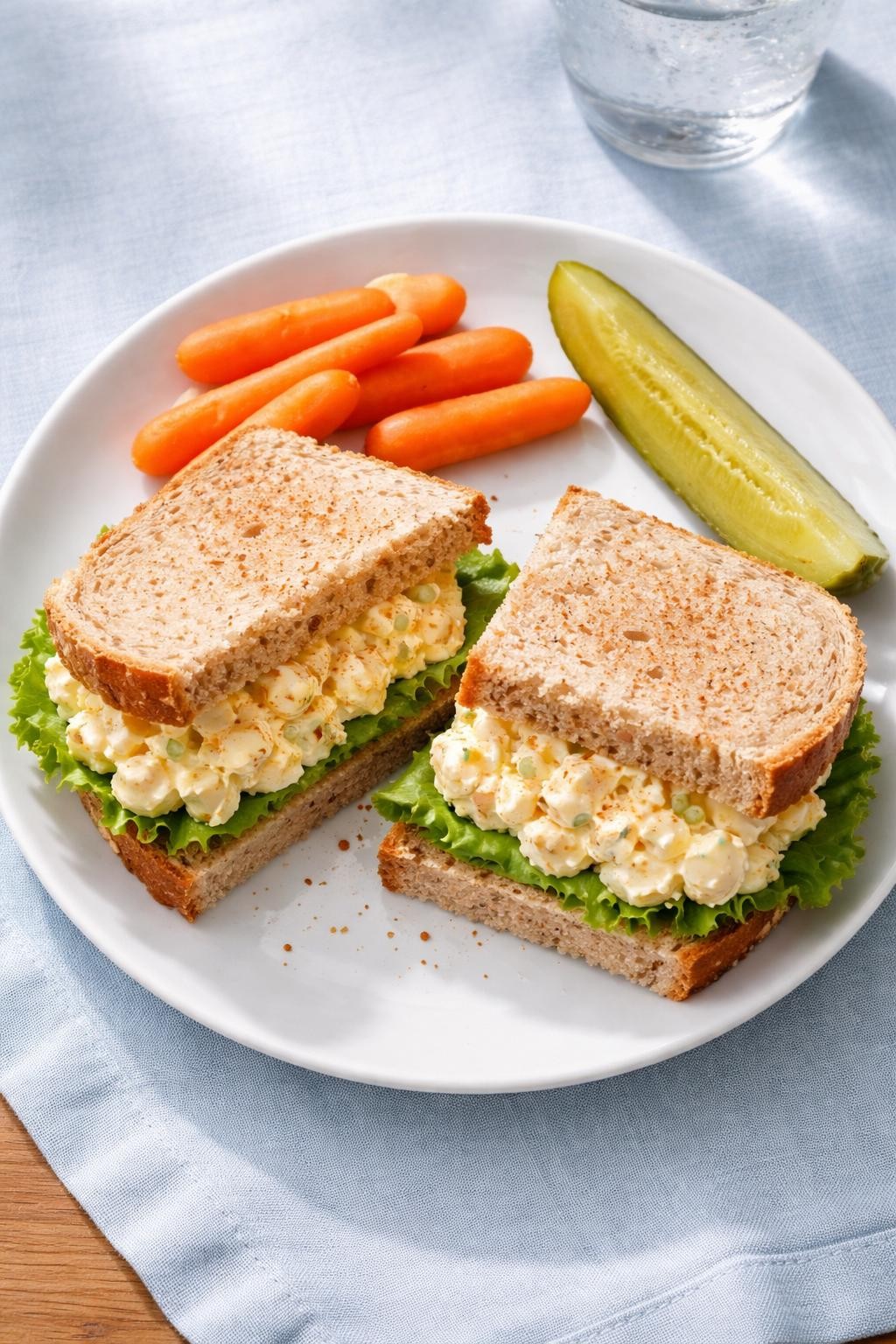 "Realistic top-down food photography of a white plate with two egg salad sandwich halves on a light blue tablecloth. The sandwiches are on whole wheat bread with a generous layer of creamy egg salad, lettuce, and a sprinkle of paprika. A side of baby carrots and a pickle spear. Soft morning light, classic and comforting lunch prep, no people, no hands, no text, no watermarks."