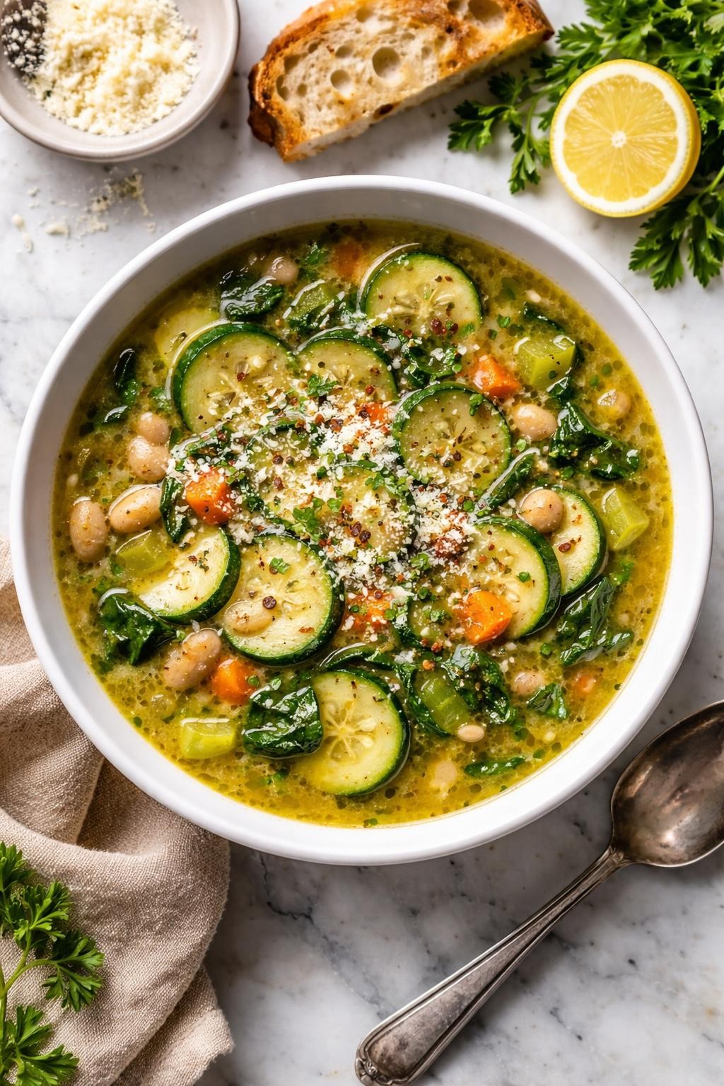 An overheard picture view of a plate of Zucchini and White Bean Soup sitting on a marble countertop table in the kitchen, professional food photography style.