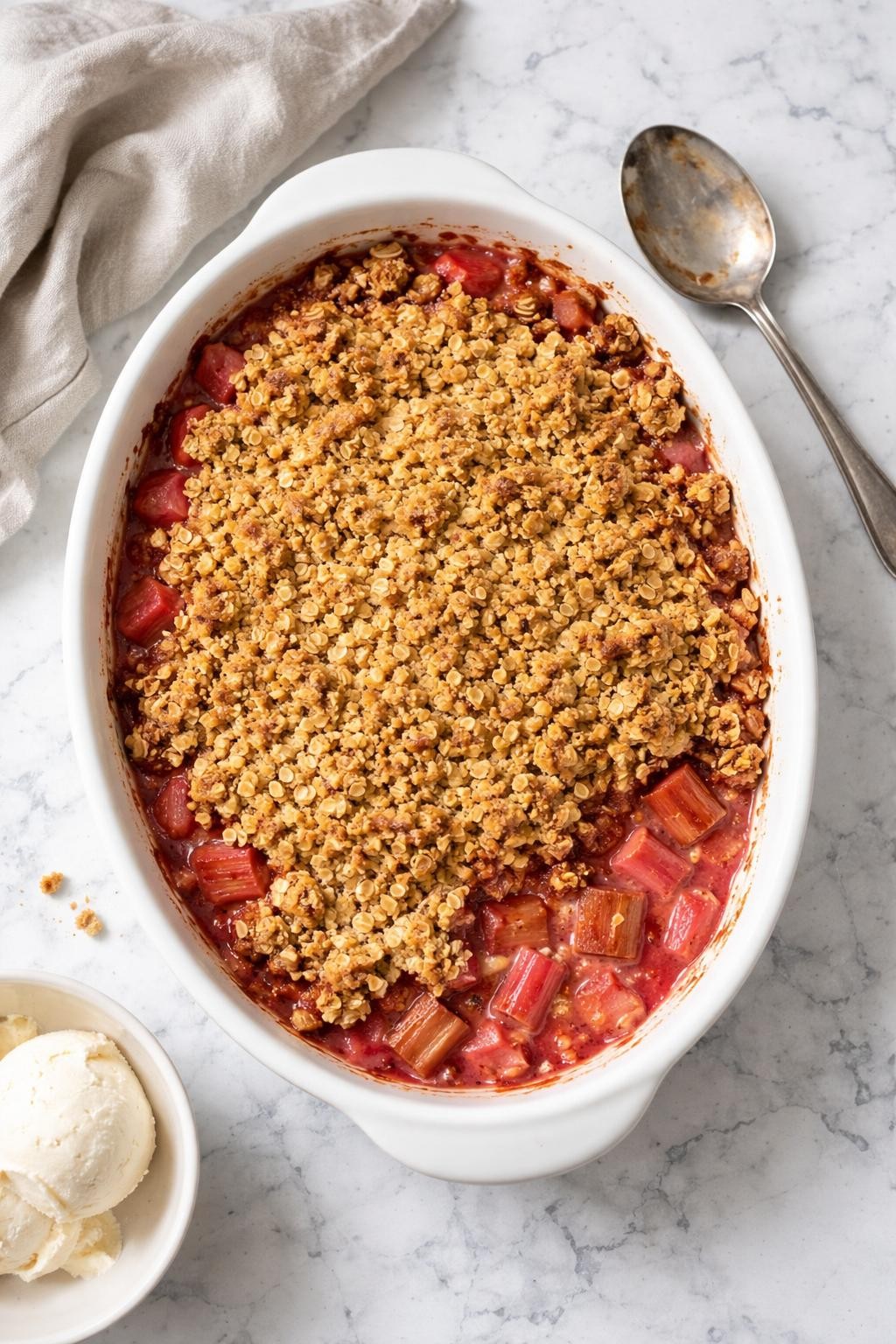 Image Prompt: Top-down realistic editorial food photography of a homemade vegan rhubarb crumble baked in a white ceramic dish on a clean white and gray marble countertop, golden oat crumble topping with juicy pink rhubarb filling bubbling through the cracks, a serving spoon nearby, soft natural daylight, cozy homemade dessert mood, clean composition, high detail, realistic food texture, no people, no hands, no text, no watermarks, no props with writing.