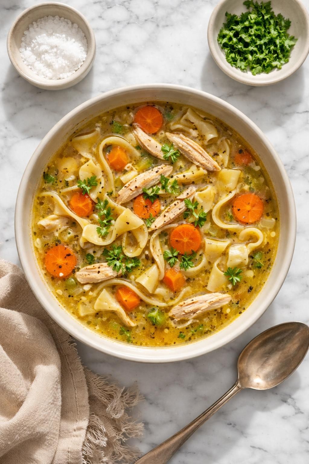 Image Prompt: Realistic top-down editorial food photography of thick chicken noodle soup in a simple neutral bowl on a white and gray marble countertop, rich broth filled with shredded chicken, egg noodles, carrots, celery, and parsley, cozy homemade meal styling, bright natural light, soft shadows, no people, no hands, no text, no watermarks, no props with writing.