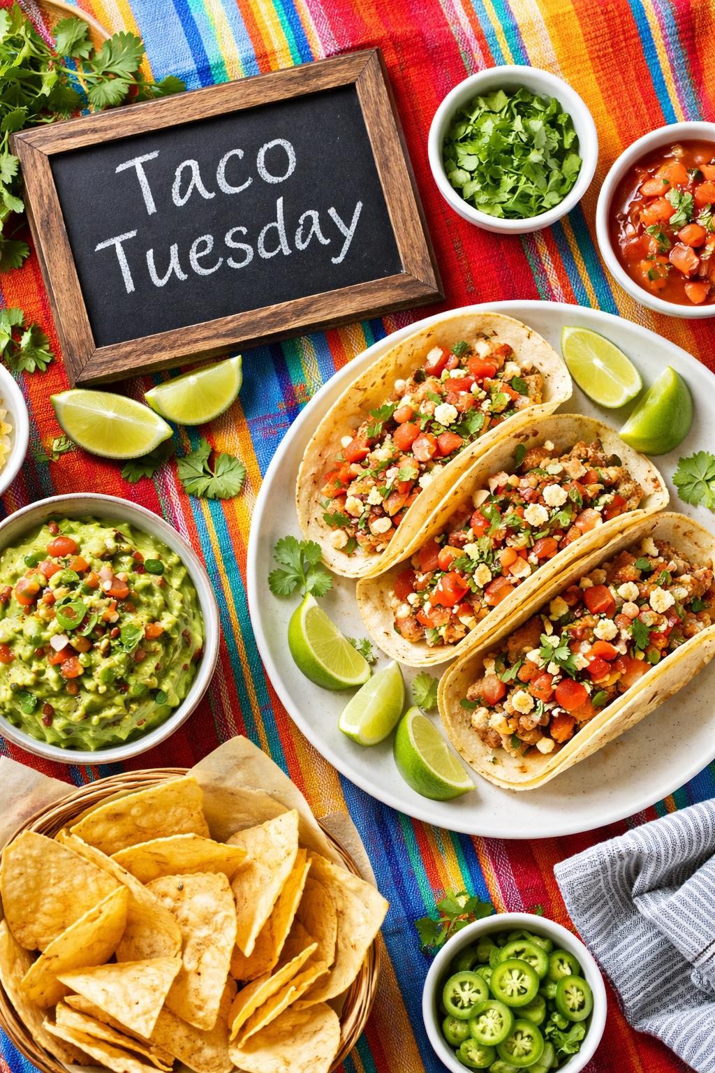 Prompt: Realistic top-down editorial food photography of a small chalkboard sign reading “Taco Tuesday” next to a plate with three tacos, a bowl of guacamole, and lime wedges. Colorful tablecloth underneath. Bright and cheerful dinner mood, casual family meal styling, no people, no hands, no text, no watermarks, no props with writing.
