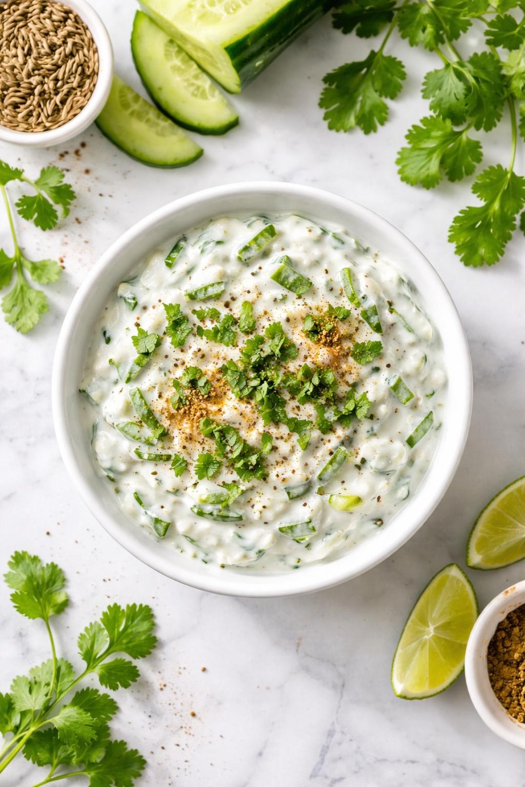 Image Prompt: Top-down realistic food photography of cucumber raita salad in a small white bowl on a bright white marble countertop, creamy yogurt mixed with grated cucumber, cumin, cilantro, and black pepper, cooling homemade Indian salad styling, bright natural daylight, clean editorial composition, high detail, no people, no hands, no text, no watermarks, no props with writing.