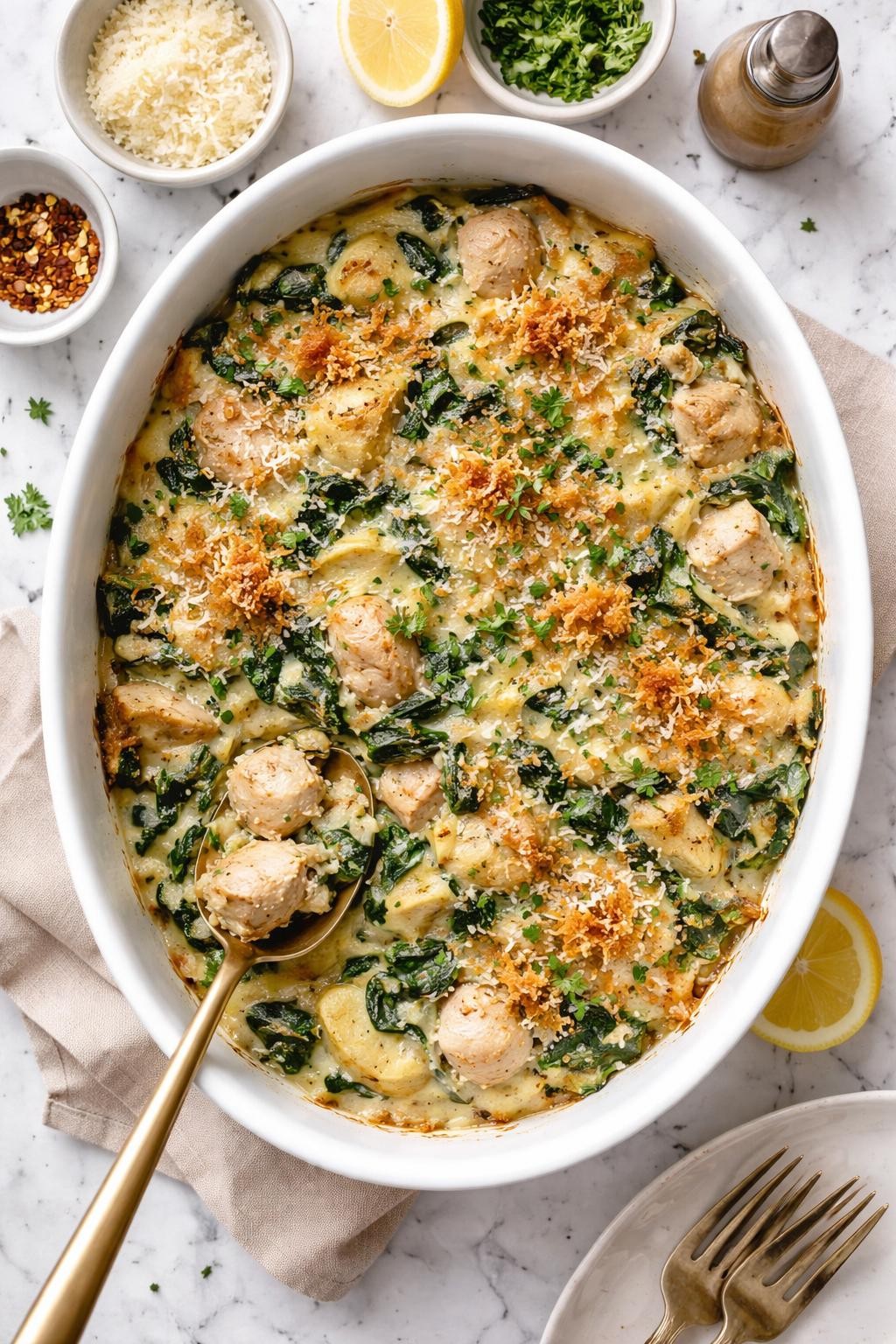 An overheard picture view of a plate of Spinach and Artichoke Chicken Casserole sitting on a marble countertop table in the kitchen, professional food photography style.