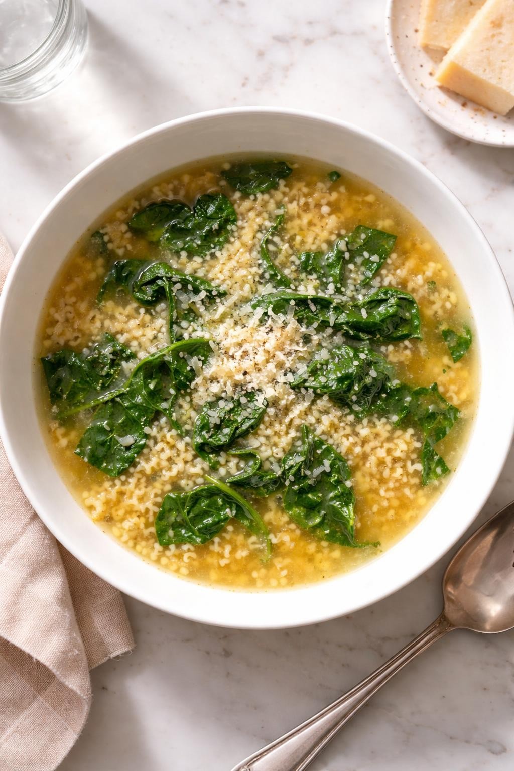 Image Prompt: Realistic top-down editorial food photography of pastina soup with spinach in a white bowl on a clean marble countertop, tiny pastina pasta in clear golden broth with wilted spinach leaves and grated parmesan, bright natural daylight, cozy light lunch styling, no people, no hands, no text, no watermarks, no props with writing.