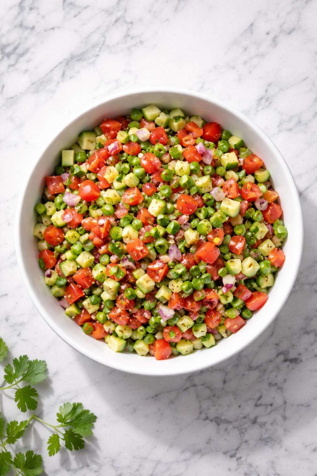 Image Prompt: Top-down realistic editorial food photography of Indian kachumber salad in a simple white bowl on a clean white and gray marble countertop, finely chopped cucumber, tomatoes, red onion, cilantro, green chili, and lemon juice, fresh homemade Indian salad styling, bright natural window lighting, soft shadows, clean composition, high detail, realistic food texture, no people, no hands, no text, no watermarks, no props with writing.