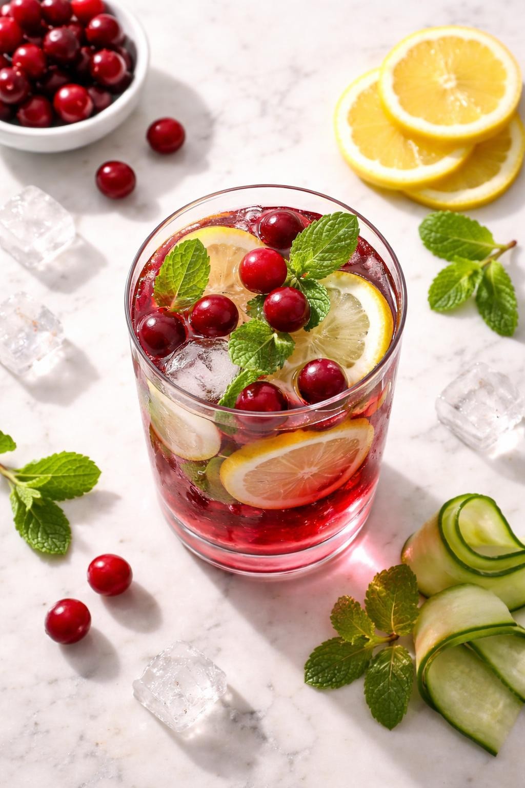Prompt: A realistic top-down editorial food photography shot of a refreshing cranberry detox drink served in a clear glass filled with deep ruby cranberry lemon water, ice cubes, thin lemon rounds, cucumber slices, fresh mint leaves, and a few whole cranberries floating on top. The glass is sitting on a countertop marble table with soft natural morning light, extra cranberries, lemon slices, cucumber ribbons, mint leaves, and a few ice cubes arranged neatly nearby, clean fresh wellness drink mood, no people, no hands, no text, no watermarks, no props with writing.