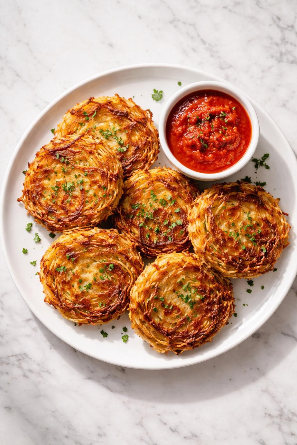 Prompt: Top-down realistic editorial food photography of crispy spaghetti patties on a white plate over a clean light marble countertop, golden pan-fried patties made from spaghetti noodles, cheese, and egg, served with a small side of dipping sauce, crisp edges and tender centers visible, bright natural daylight, soft shadows, clean composition, high detail, realistic food texture, no people, no hands, no text, no watermarks, no props with writing.