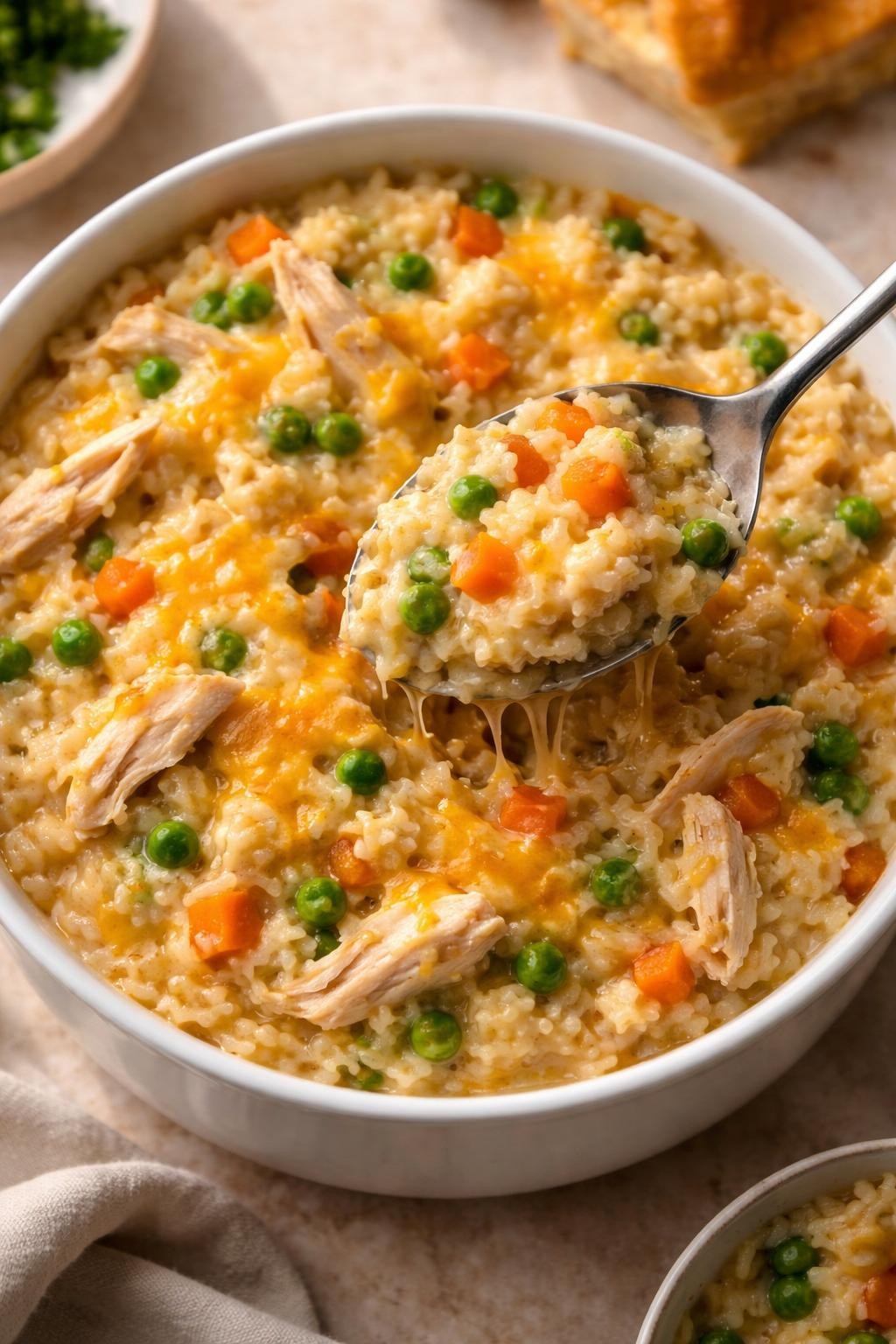 Photo prompt: Realistic top-down editorial food photography of a white bowl filled with creamy chicken and rice casserole, with shredded chicken, peas, carrots, and melted cheddar cheese. A spoon scooping out a serving. Warm natural light, comforting family dinner mood, no people, no hands, no text, no watermarks, no props with writing.