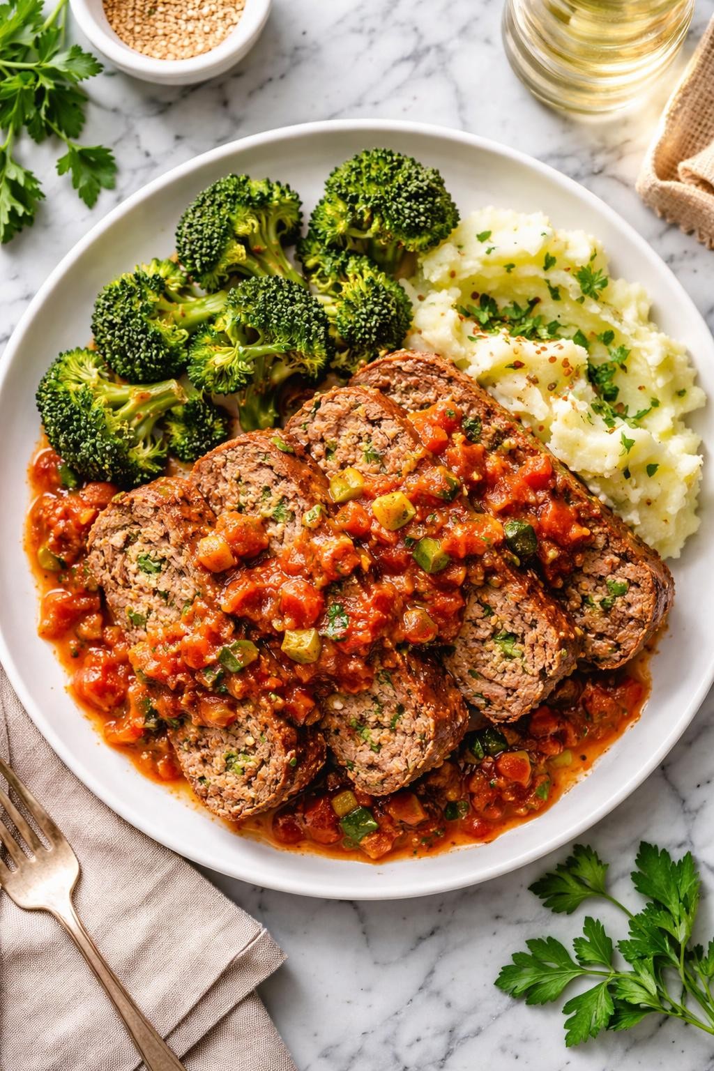An overheard picture view of a plate of Healthy Veg-Packed Italian Meatloaf with Ragu Sauce sitting on a marble countertop table in the kitchen, professional food photography style.
