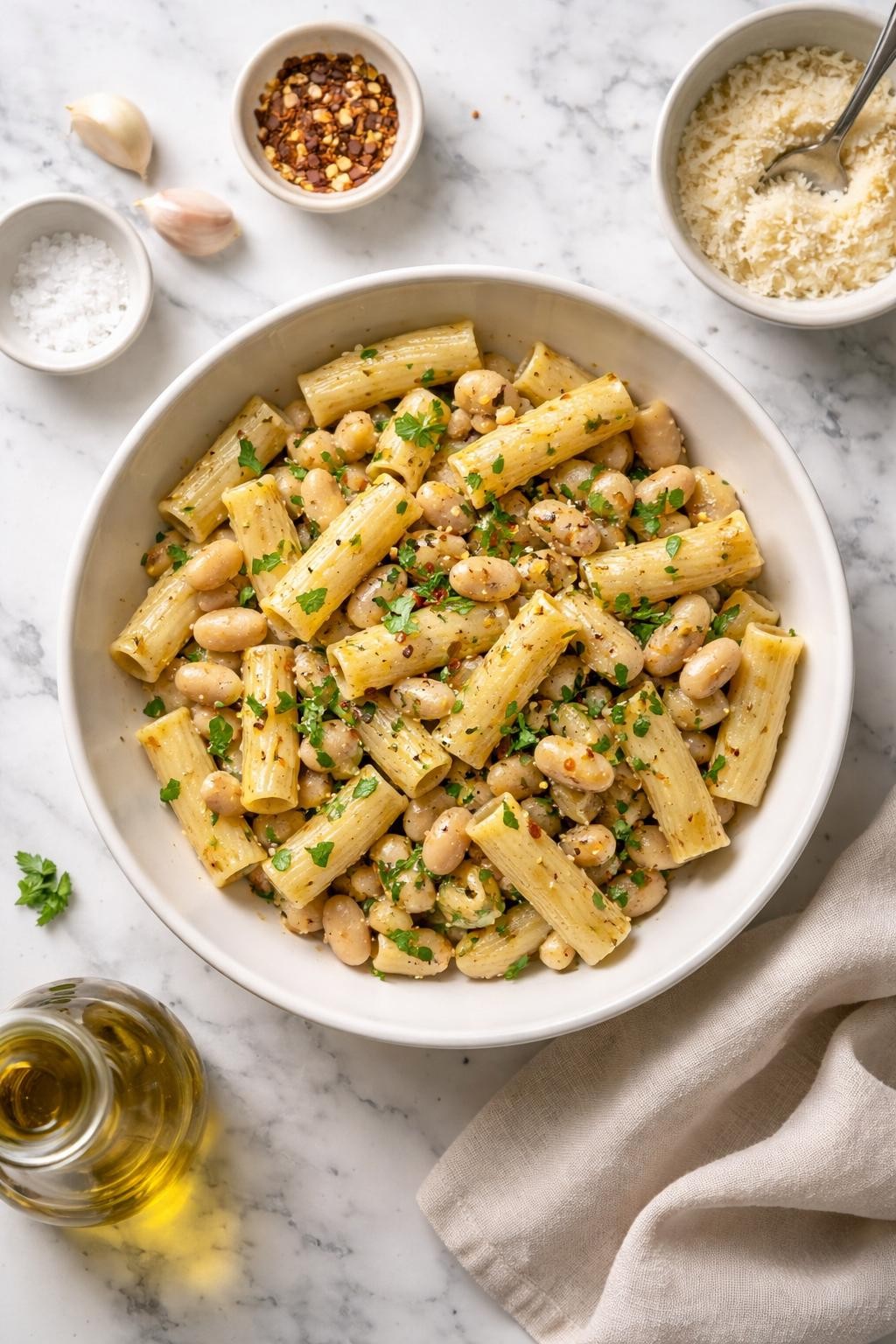 Prompt: Top-down realistic editorial food photography of pasta with white beans and garlic in a shallow white bowl on a clean white and gray marble countertop, short pasta tossed with white beans, garlic, olive oil, parsley, and black pepper, simple homemade pantry dinner mood, bright natural window lighting, soft shadows, clean composition, high detail, realistic food texture, no people, no hands, no text, no watermarks, no props with writing.
